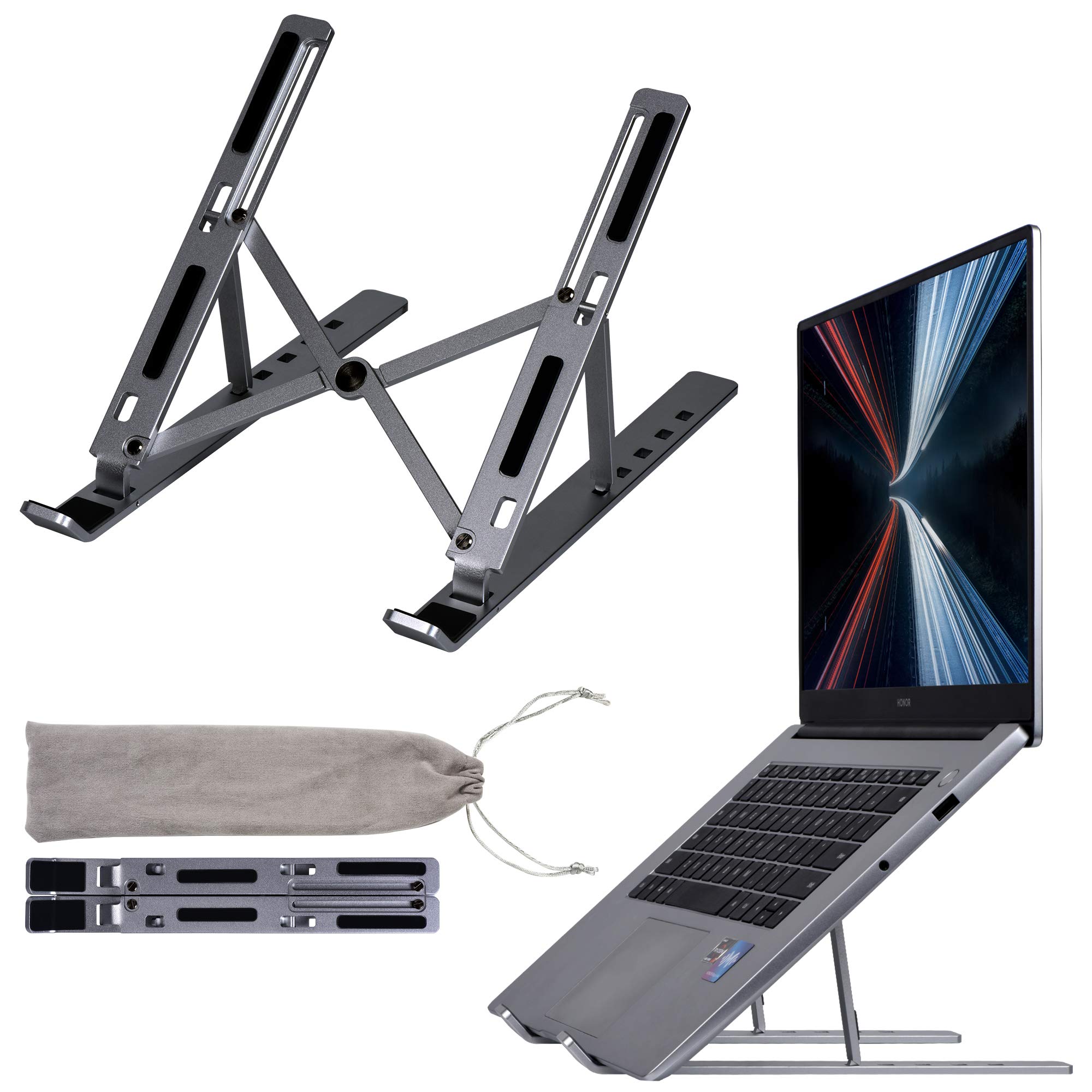 Arae Laptop Stand for Desk, Adjustable Ergonomic Portable Aluminum Laptop Holder, Foldable Computer Stand 7 Angles Anti-Slip Laptop Riser Compatible with 9-15.6 inch Laptops, Gray