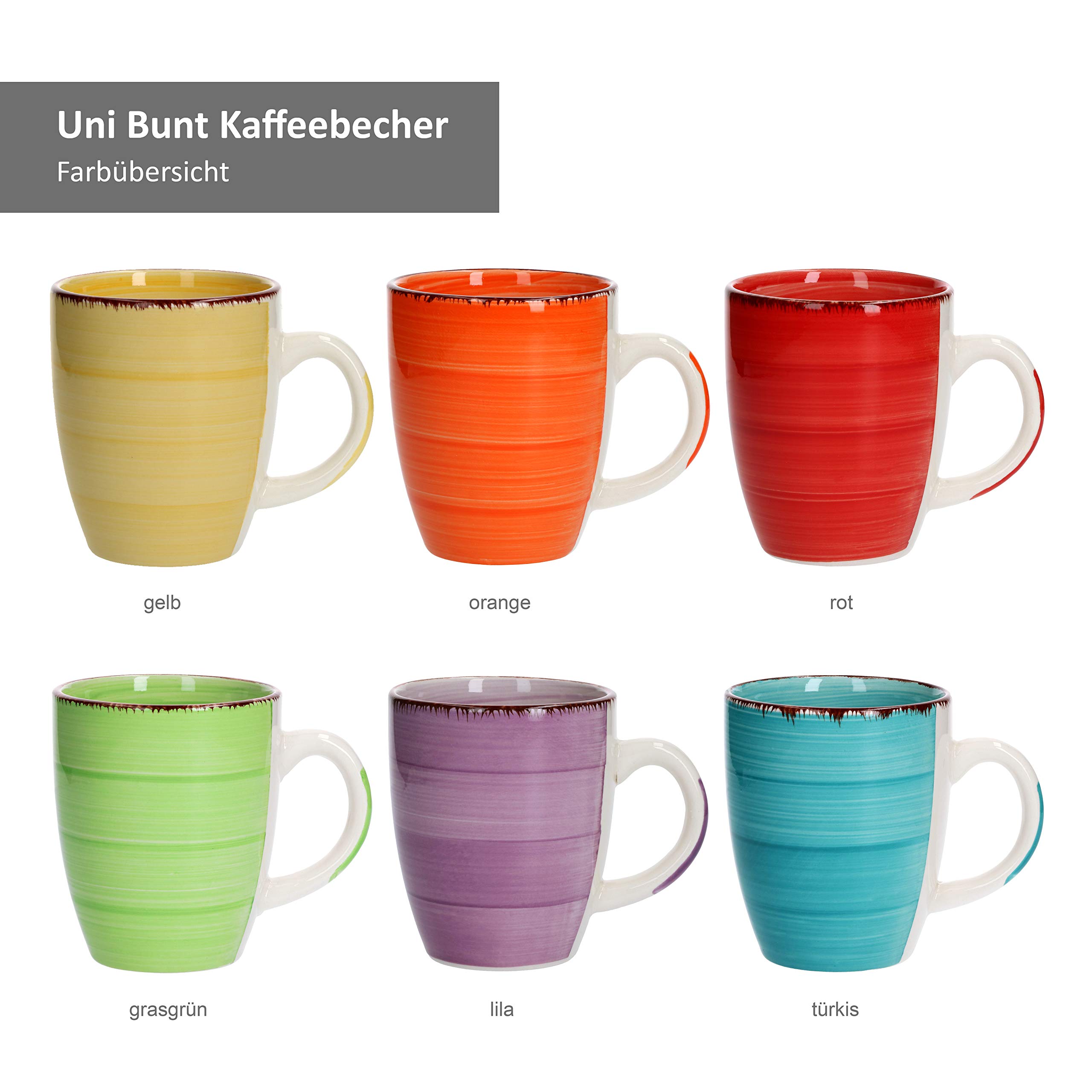 MamboCat 6-TLG. Kaffeebecher-Set Uni bunt Tee-Tasse groß Kaffee-Pott Trink-Becher Kakao-Milch rund 320 ml Geschirr Tafel-Zubehör Frühstück-Buffet