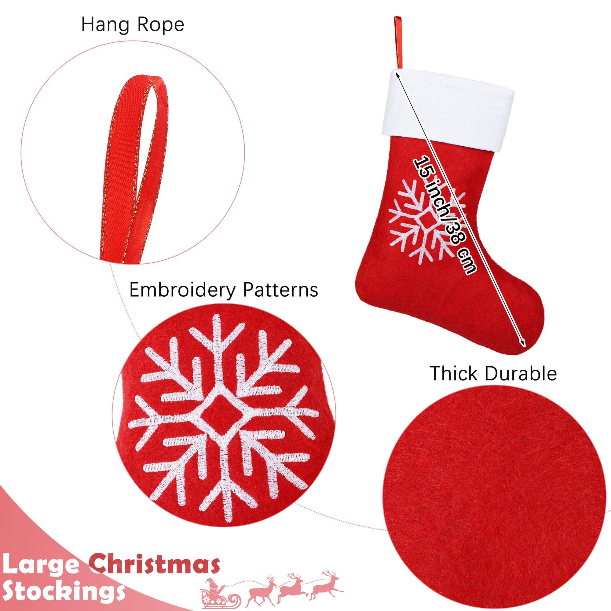 Aodaer 12 Pack Christmas Stockings 15 Inch Felt Red Christmas Stockings with Reindeer Snowflake Pattern Xmas Hanging Stockings for Xmas Tree Fireplace Gift Holding Party Decoration