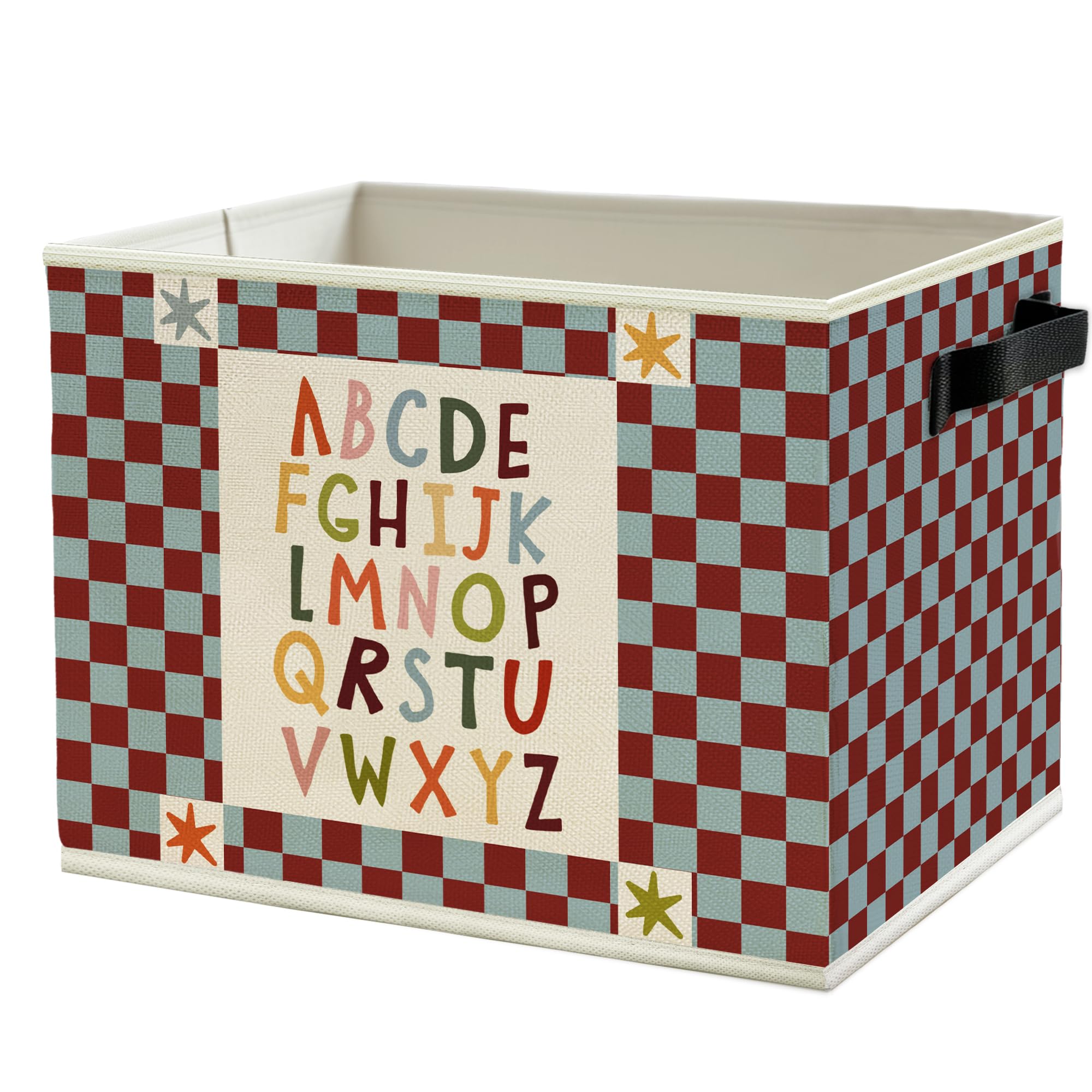 Alphabet Classroom Storage Bins Box with Handles, Red Blue Checkered Alphabet Educational Collapsible Basket Organizer for Classroom Toddler Kids Room Bedroom Bathroom Books Clothes