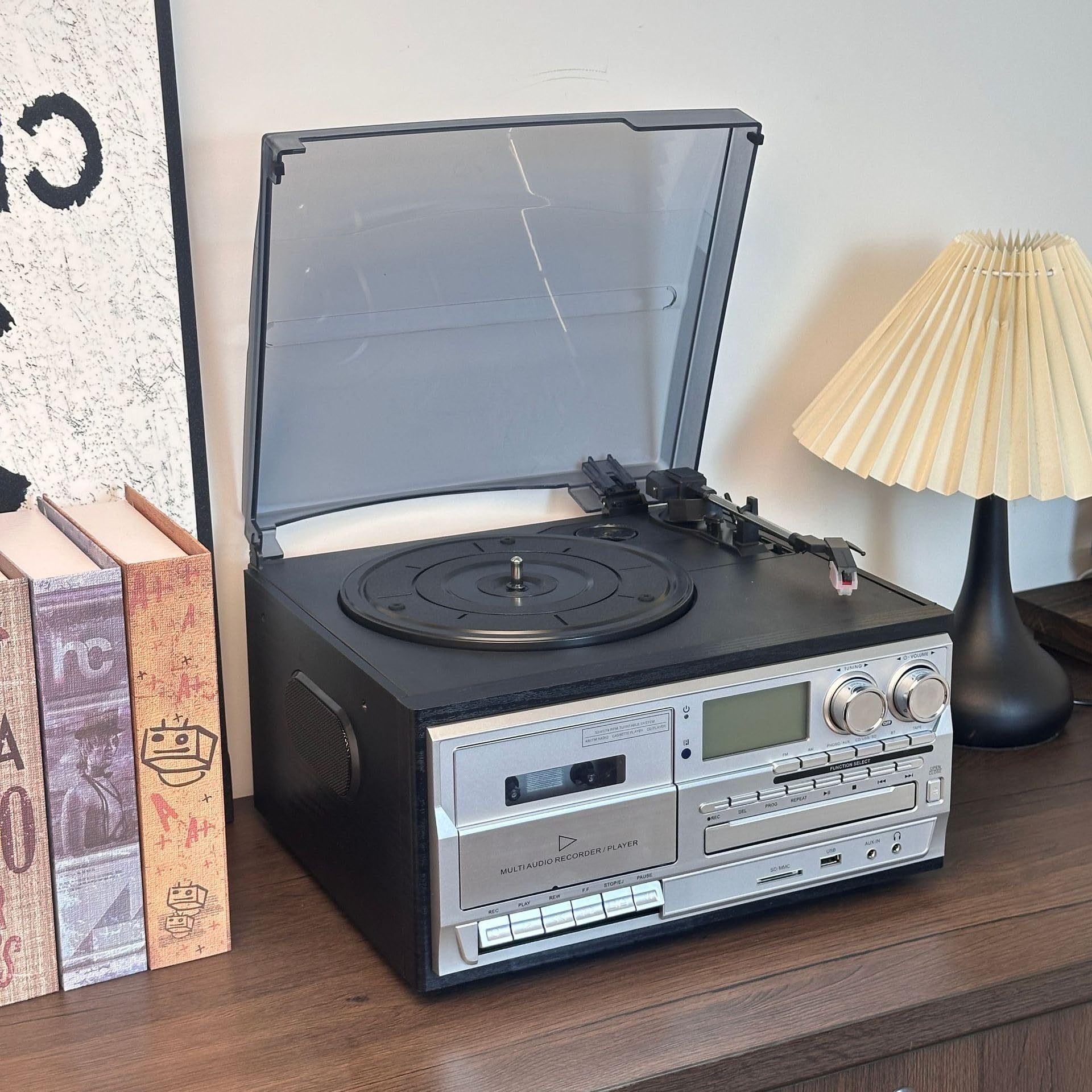 Sistema di intrattenimento retrò 10 in 1 con Bluetooth, lettore di cassette, giradischi in vinile, telecomando, altoparlanti integrati per uso domestico e ufficio