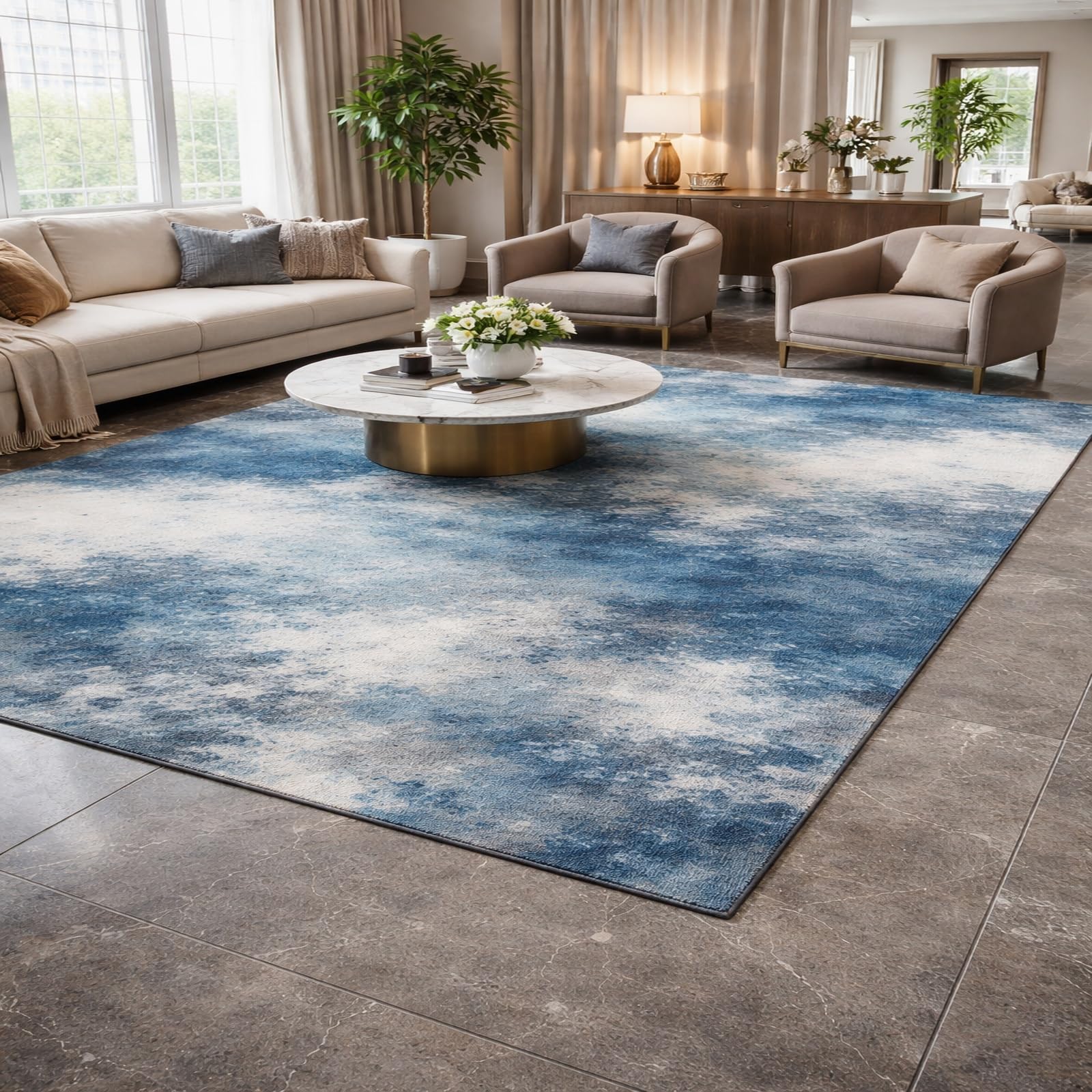 Tapis carré bleu et blanc 150x150 cm lavable et antidérapant