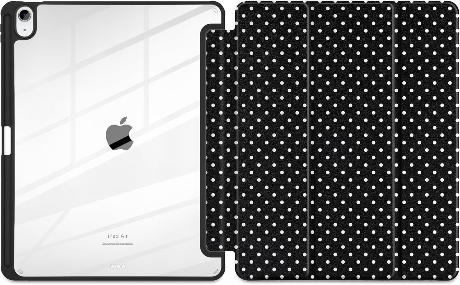 MEEgoodo Case for iPad Air 13 inch 2026(M4) / 2025(M3) / 2024(M2), Tablet Cases with Transparent Acrylic Back Shell, Cover with Pencil Holder + Auto Wake/Sleep + Trifold Stand, White Polka Dot