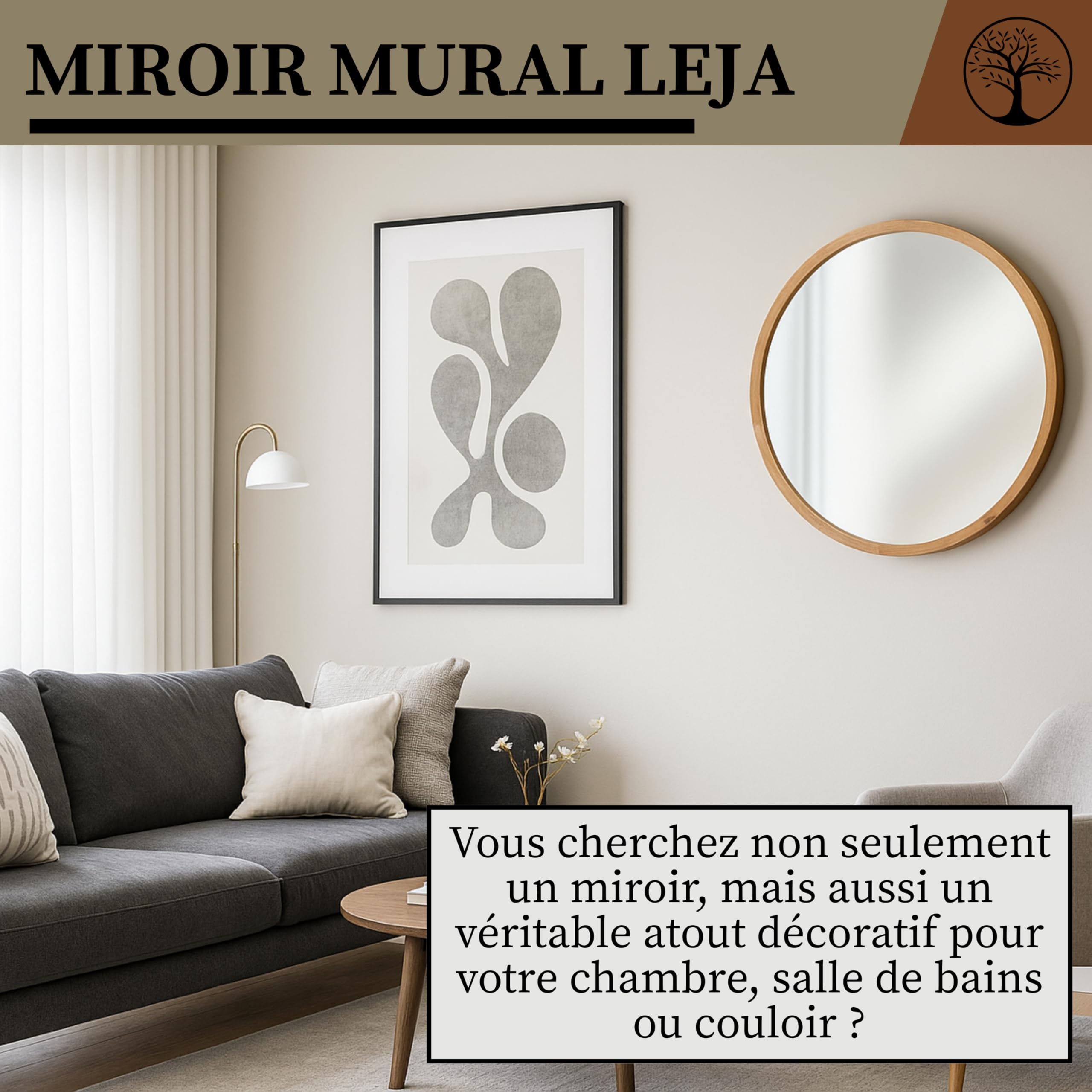 LEJA – Miroir Mural Rond, Cadre en Bois (∅80 cm), chêne – pour Salle de Bain, entrée, Salon, Chambre