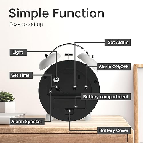 Miniatura 6 de Reloj despertador analógico, reloj pequeño súper silencioso de 4 pulgadas sin tictac con luz nocturna, funciona con pilas, diseño simple, alarma
