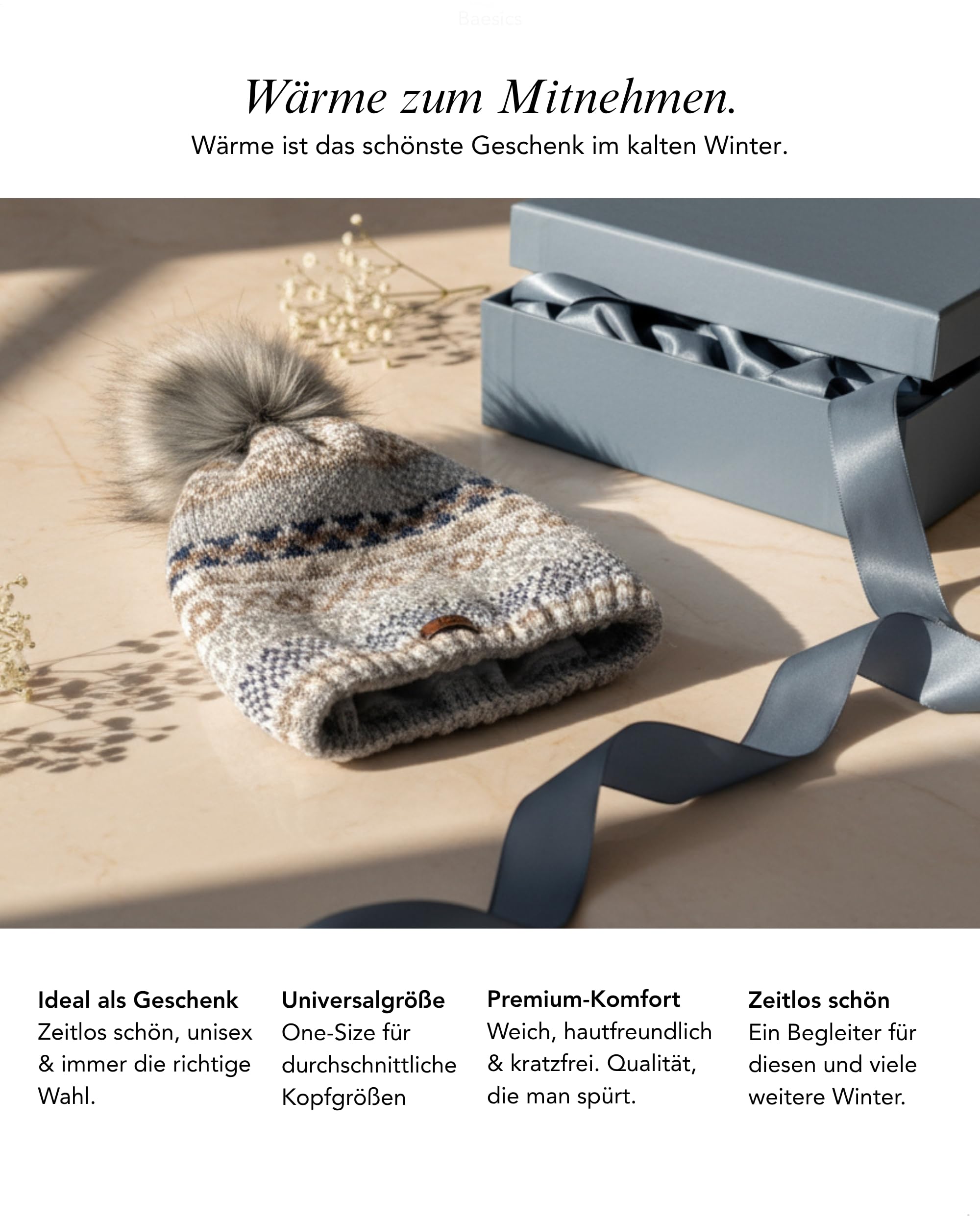 Baesics Czapka zimowa ze wzorem dla kobiet i mężczyzn – wyściełana czapka z pomponem ze sztucznego futra, czapka z dzianiny w stylu beanie, wyprodukowana w UE, jeden rozmiar, ciepła i elastyczna z