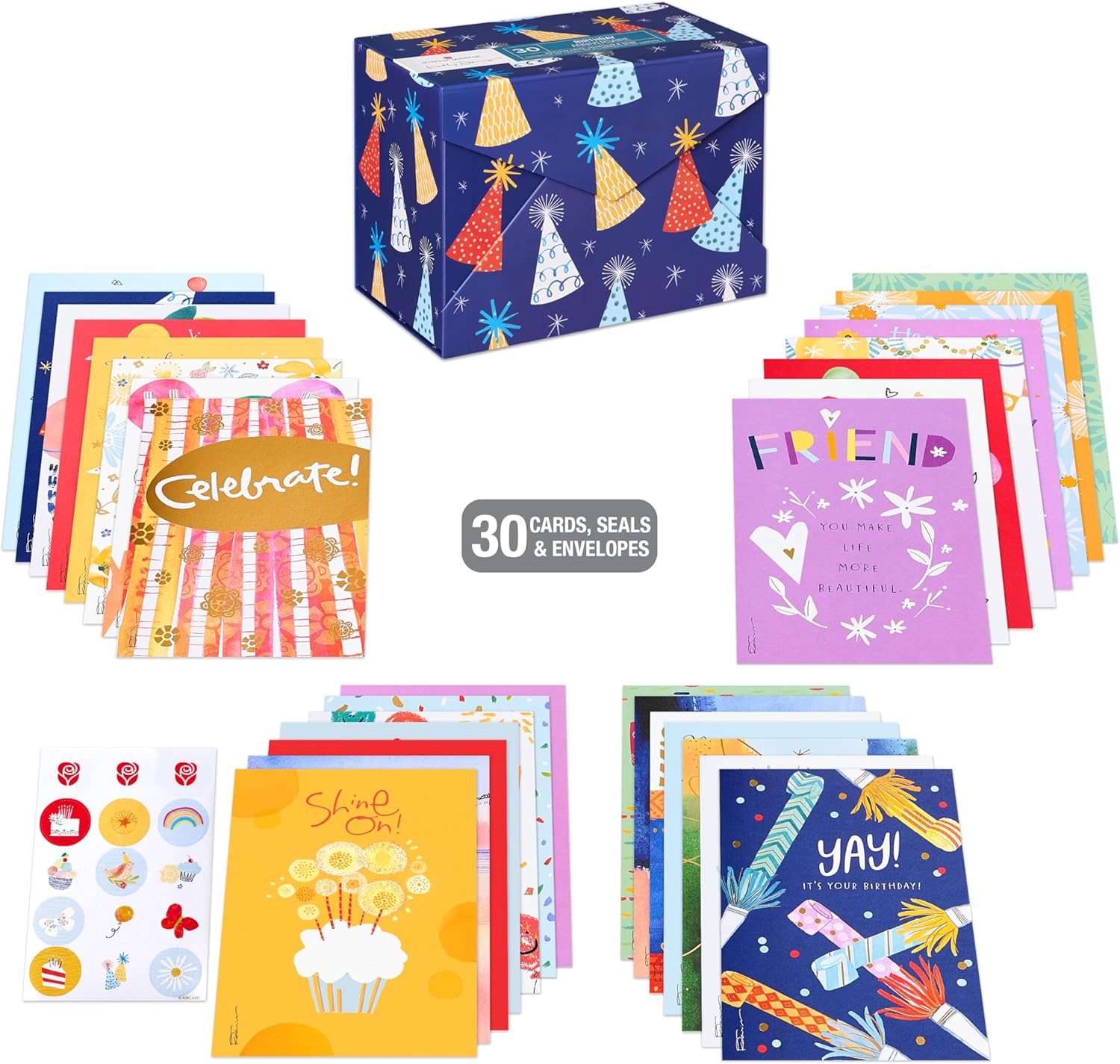 American Greetings 30-Count Birthday Card Assortment Box with Envelopes, Seals, and Storage Box (Kathy Davis Designs, Party Hats) - Image 3