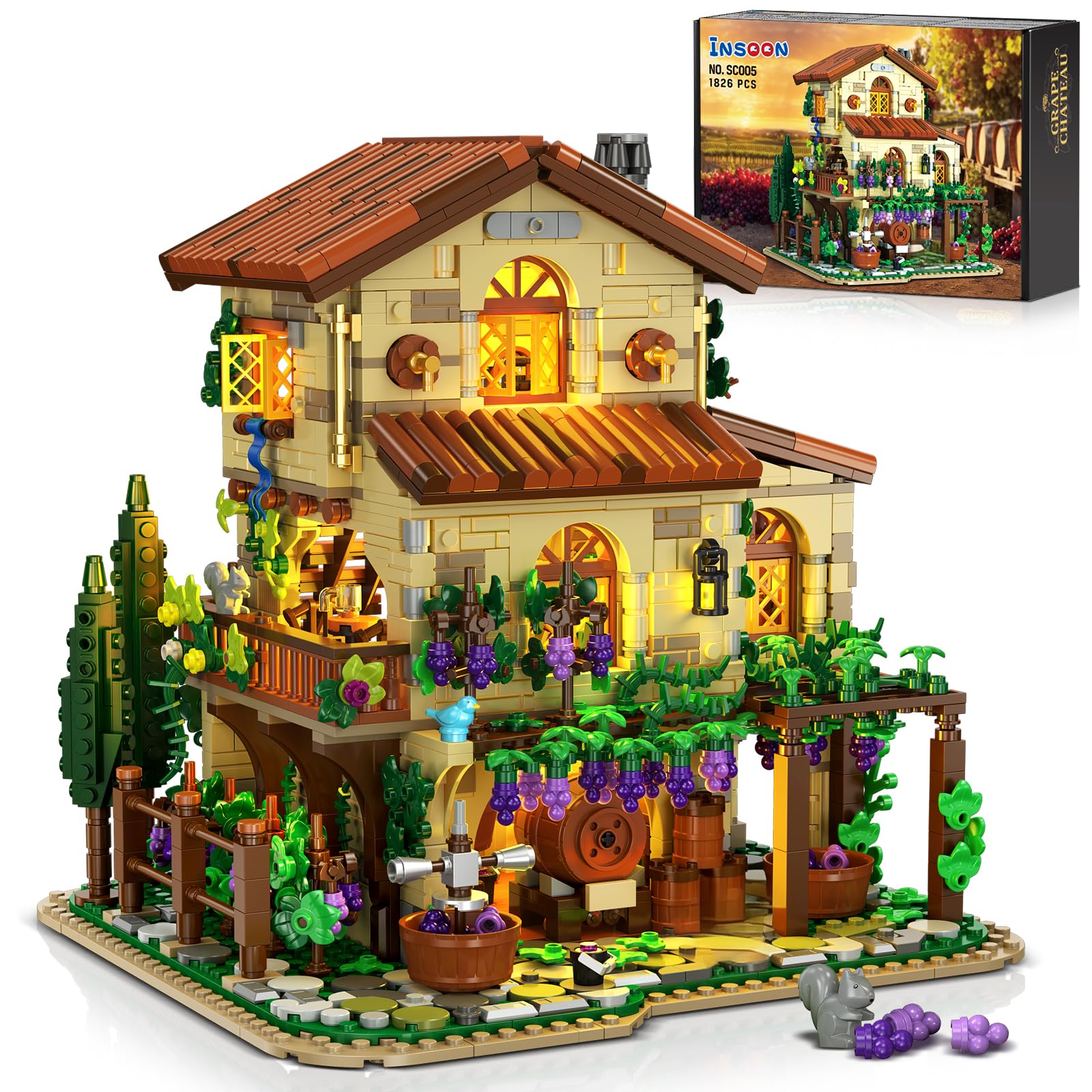 INSOONWinery Chateau House Building Set with Lights, Vineyard Castle Construction Model Home Decor, 1826 PCS Vine Estate Autumn Cabin Building Block Kit Gift for Mothers Day Adults Teens Boys Girls