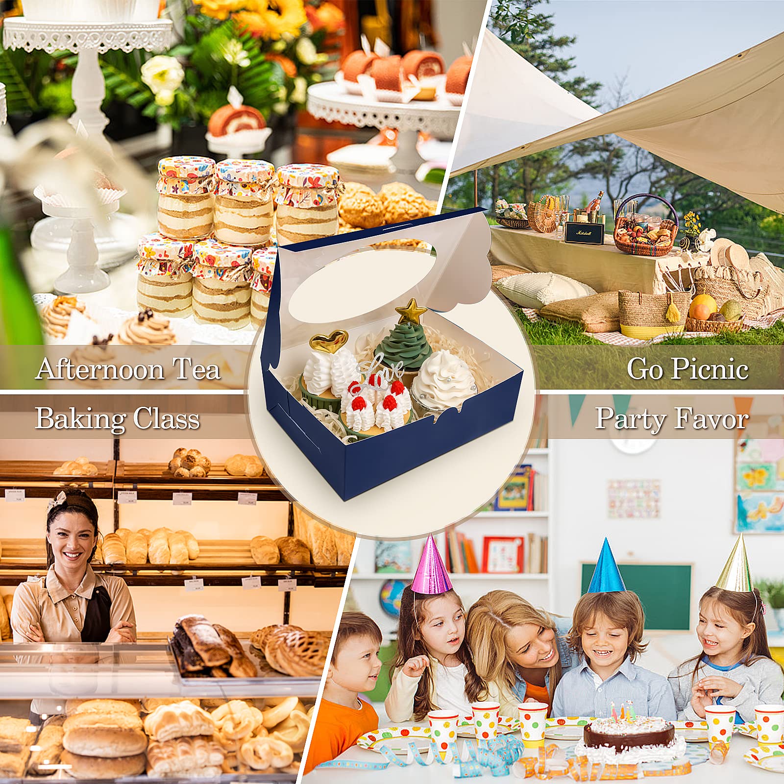 KPOSIYA 65 cajas de galletas de 8 x 6 x 2.5 pulgadas con ventana, cajas de panadería azules para regalo, golosinas, postres, cupcakes, chocolate, fresas, donas, magdalenas (5 ventanas de estilo)