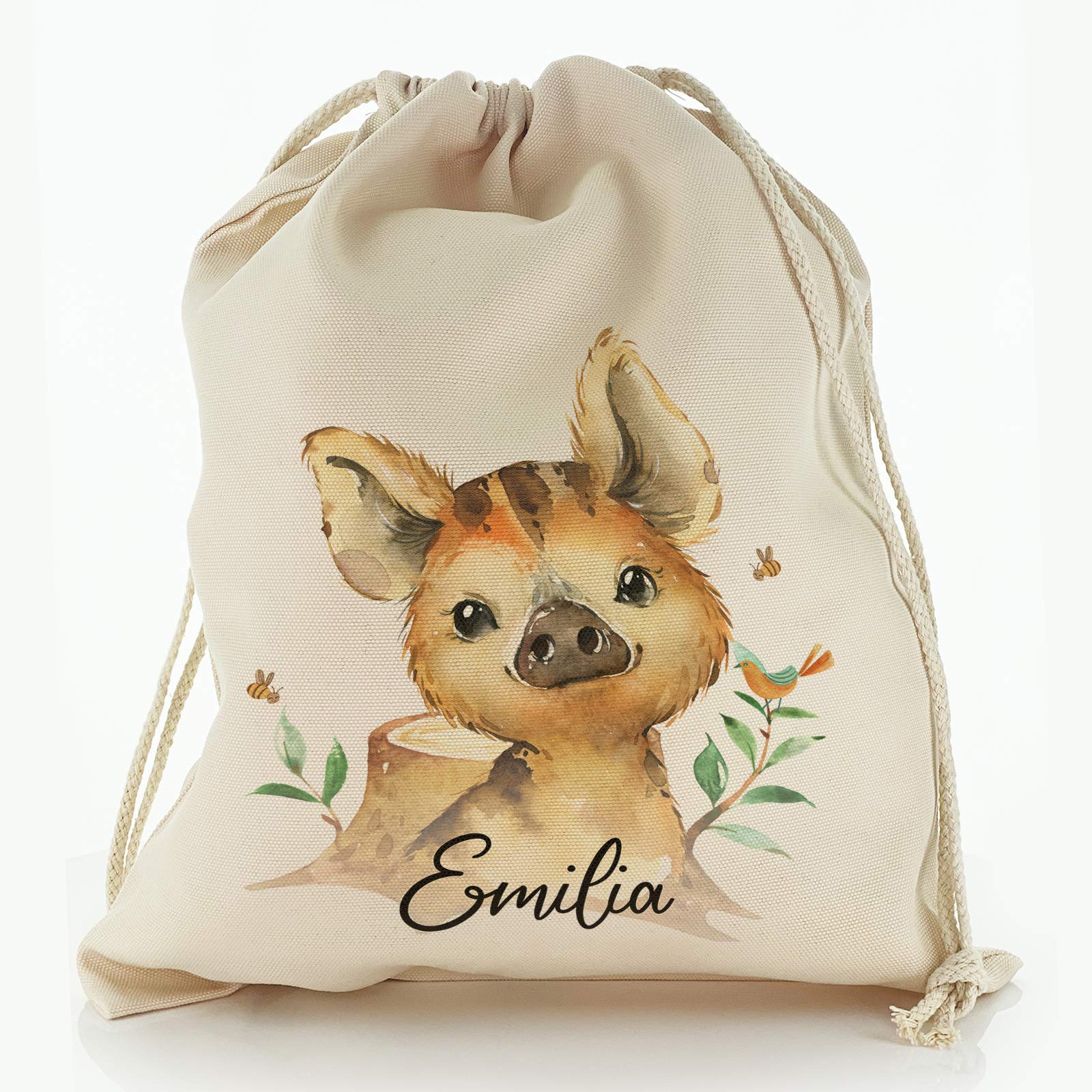 Personalised Bag, Birthday Gift Bag Customised with Initial/Name/Text, Piglet Bird and Bees Design, Storage Bag, Drawstring Top Sack, Sizes: XXS, XS, S, M, L, XL
