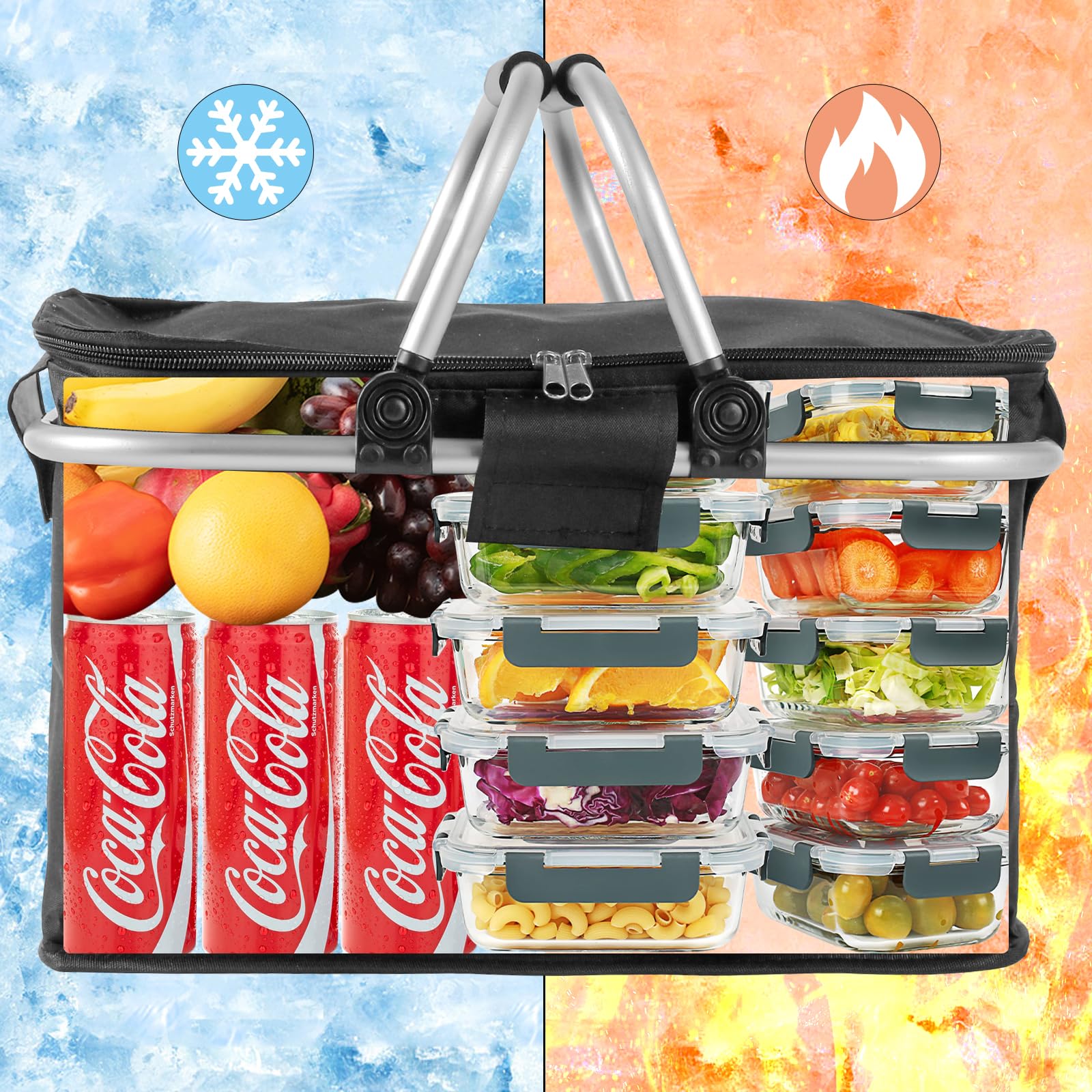 Cesta de Picnic, Comius Sharp Cesta de la Compra Plegable de 18,5 L, Cesta de Picnic Plegable con Aislamiento, Mango de Aluminio Portátil Deslizante, Cesta de la Compra para Trabajo/Viajes/Compras