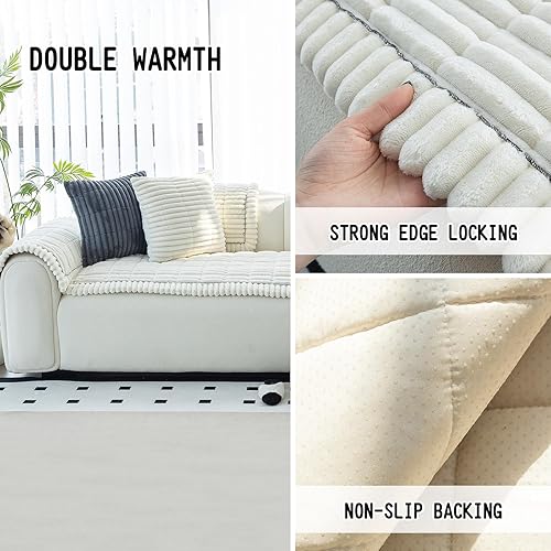 Miniatura 2 de Funda para sofá, fundas de sofá para perros, lavables, antideslizantes, a rayas, para sofá seccional, protector de muebles para forma de L (beige y