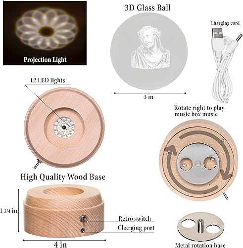 Miniatura 4 de Caja de música de bola de cristal 3D lujosa proyección LED base de madera giratoria recargable San Judas Tadeo Virgen María para adultos y niños