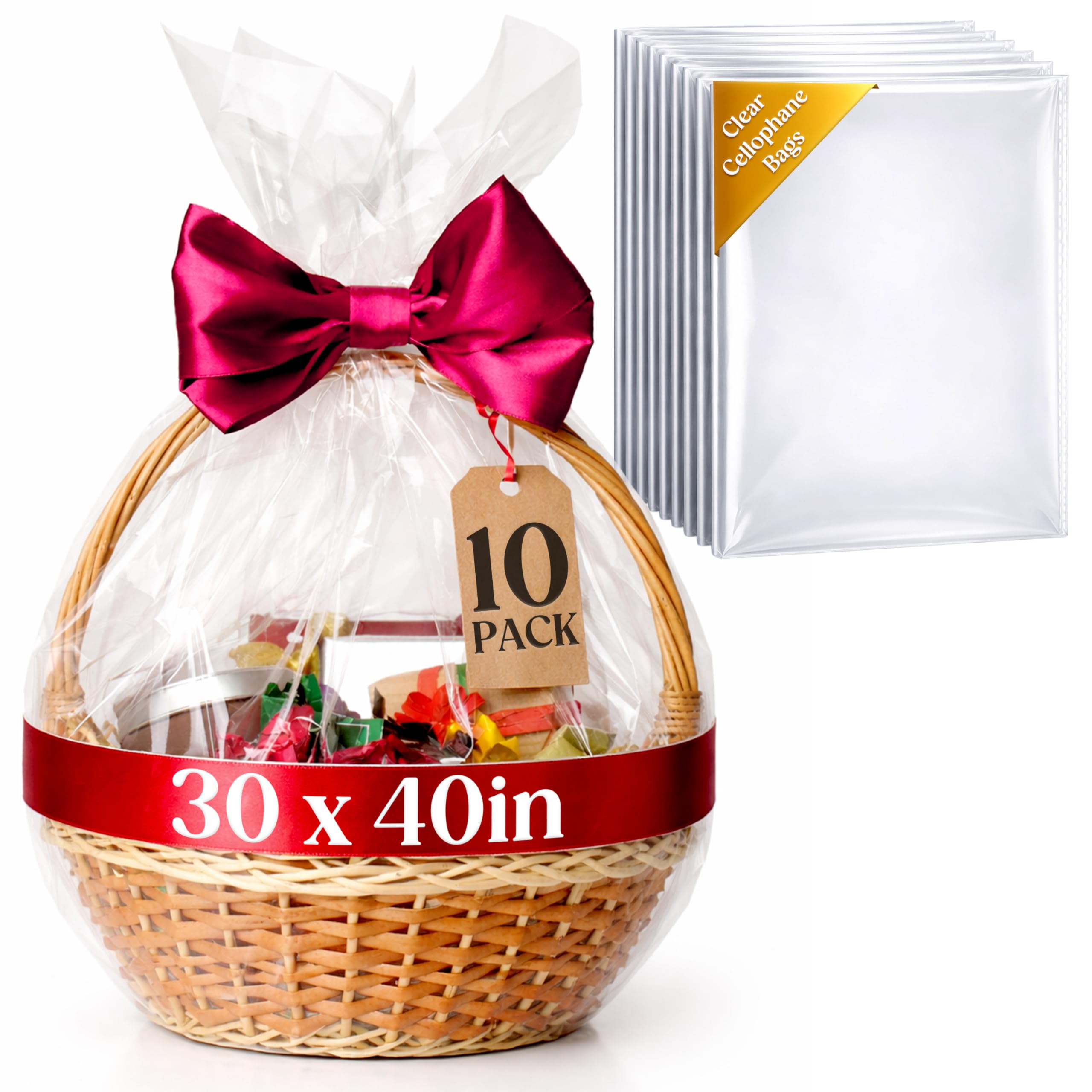 volila Large Cellophane Bags for Gift Baskets - 10 Pack (30 in x 40 in) Clear Gift Wrap for Gift Baskets, Floristry, Party Favors and Food Packaging