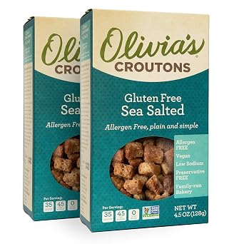Olivias Gluten Free Sea Salt Flavor Croutons For Salad Crunchy Garlic Soup Crouton Made from Allergen Free & Gluten-Free Artisan Bread Vegetarian, Made In USA, 4.5 Oz Pack of 2