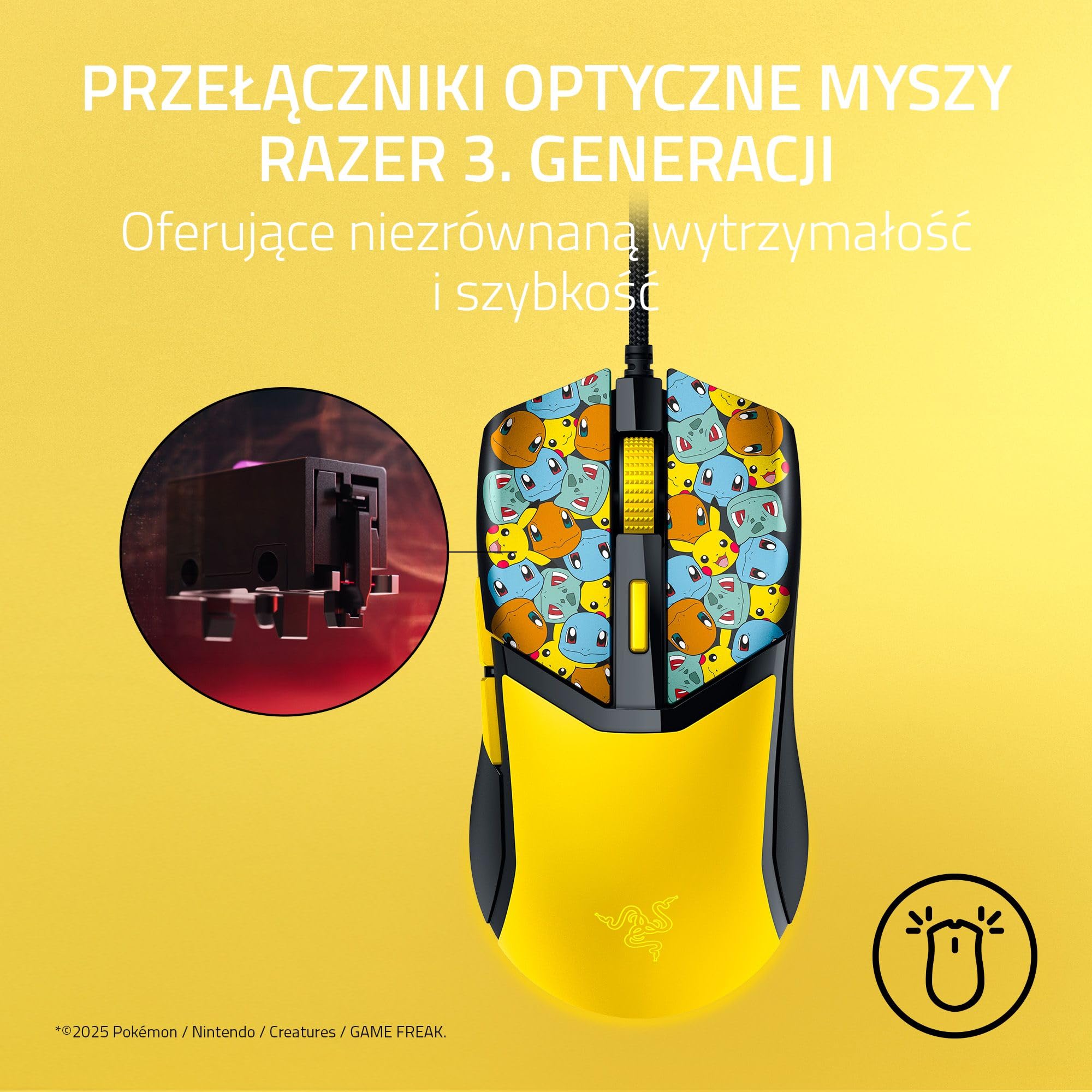 Razer Cobra Pokémon Edition - lekka przewodowa mysz do gier - czujnik 8500 DPI - 58 g - optyczne przełączniki myszy 3th generacji - podświetlenie Chroma - kabel Speedflex | Pokémon Kanto