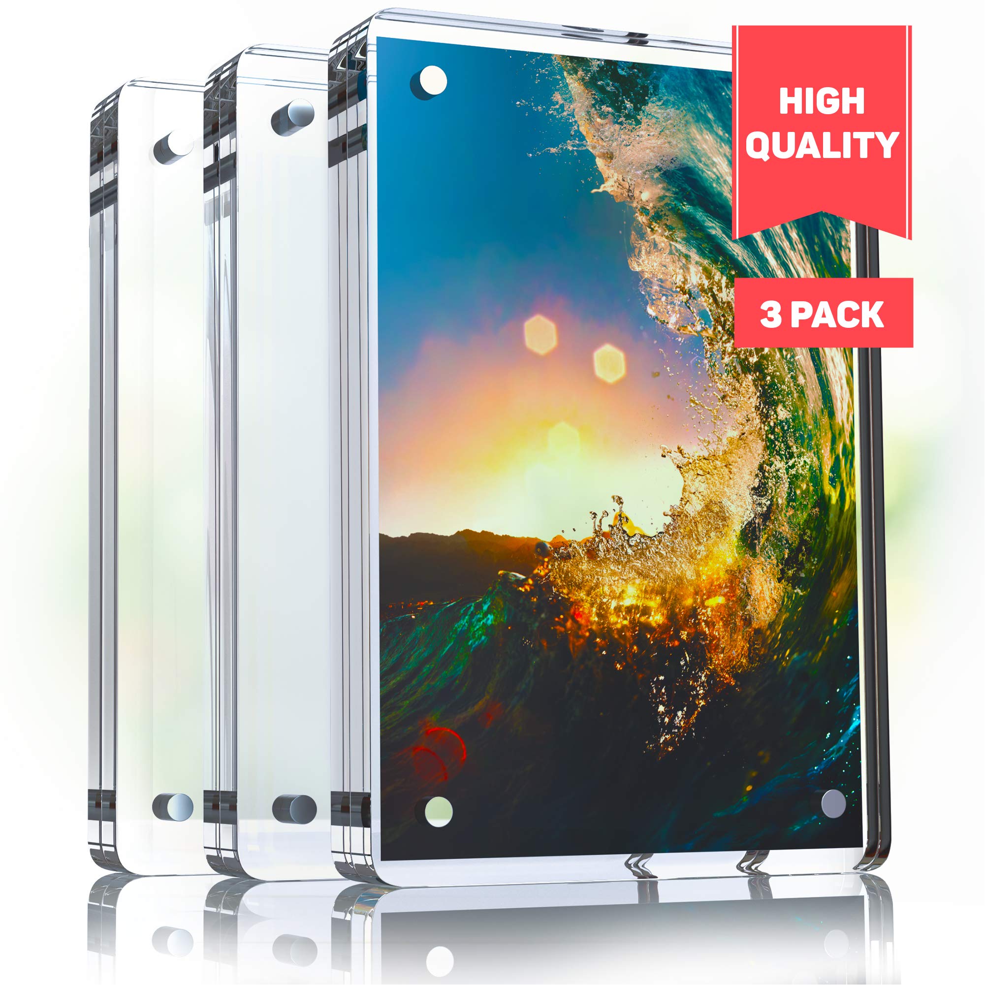 Magnetic Acrylic Picture Frames With Rounded Corners 4.25x6.25” - Perfect Frameless Picture Frame - Double Sided Picture Frame - Magnetic Acrylic Frame - Clear Acrylic Block Frame DESKTOP 3pc.set
