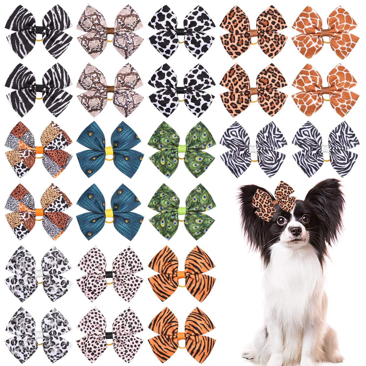 JpGdn 24Pcs/12 Pairs Big Dog Hair Bows Animal Print Zebra Leopard Snake Tiger Peacock Cheetah Snow Leopard Giraffe and Cow for Large Breed Girl Boy Bowknot Topknot Grooming Hair Accessories