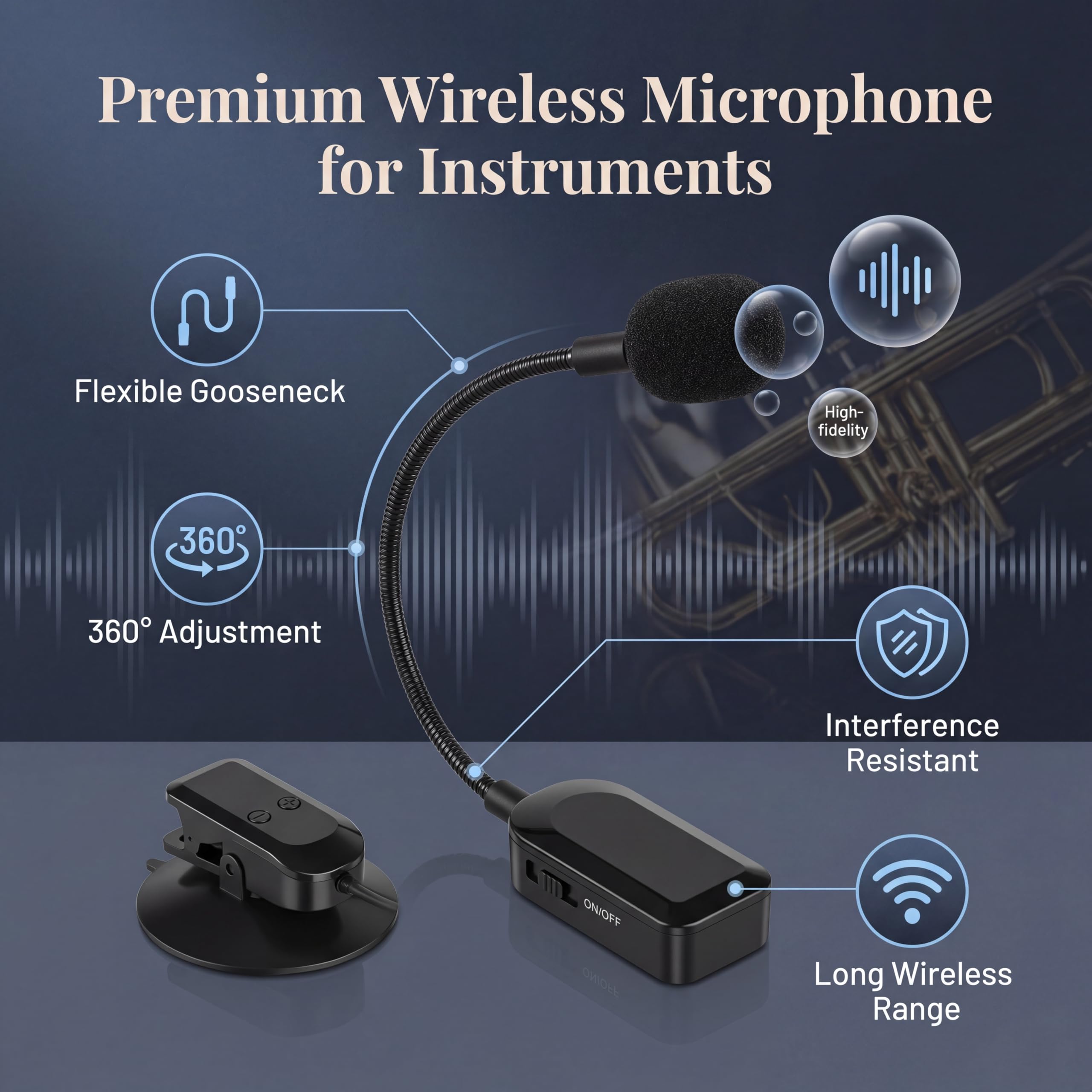 Cocoarm Microfono per Strumenti Wireless, Microfonico Portatile 2.4G per Chitarra, Violino e Fisarmonica con Acquisizione Accurata del Suono e Portata Wireless di 100 Piedi