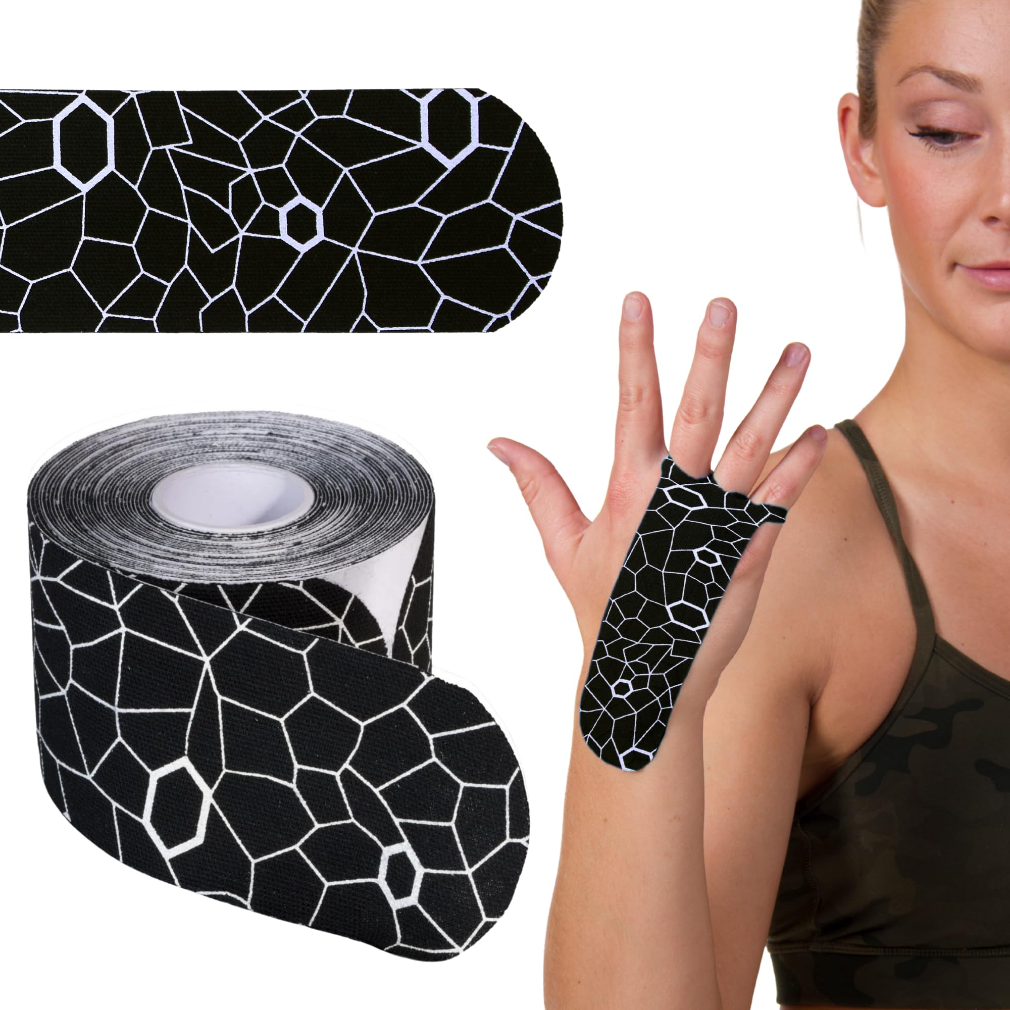 TheraBand Kinesiology Tape, Waterproof Physio Tape for Pain Relief, Muscle & Joint Support, Standard Roll with XactStretch Application Indicators, 2" X 10" Strips, 20 Precut Strips, Black/White