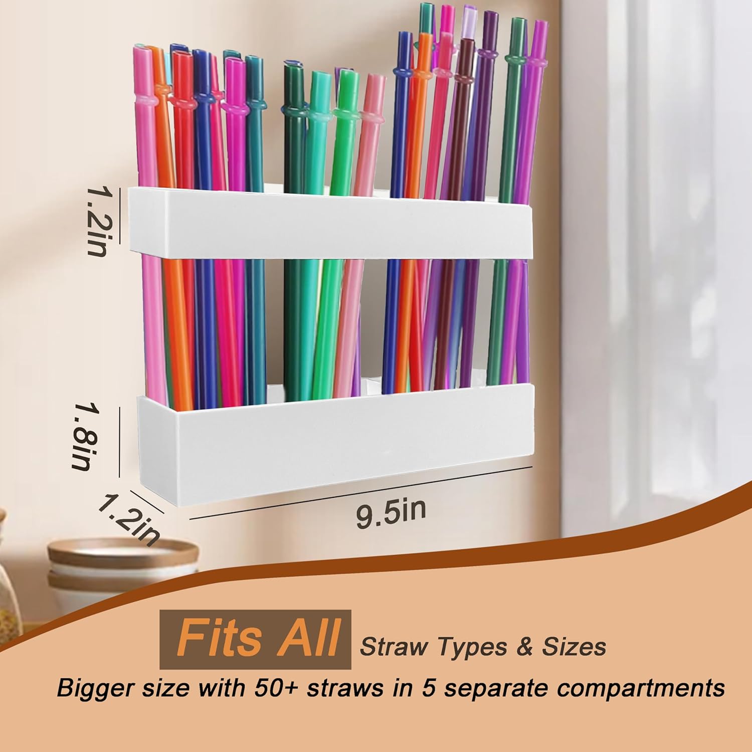 Straw Holder for Cabinet Door, 9.5’’ Large Acrylic Adjustable Straws Organizer with Ultra Sticky Adhesive Strips, Reusable Tumbler Straw Organizer Storage for Kitchen Counter Cupboard Door - Image 2