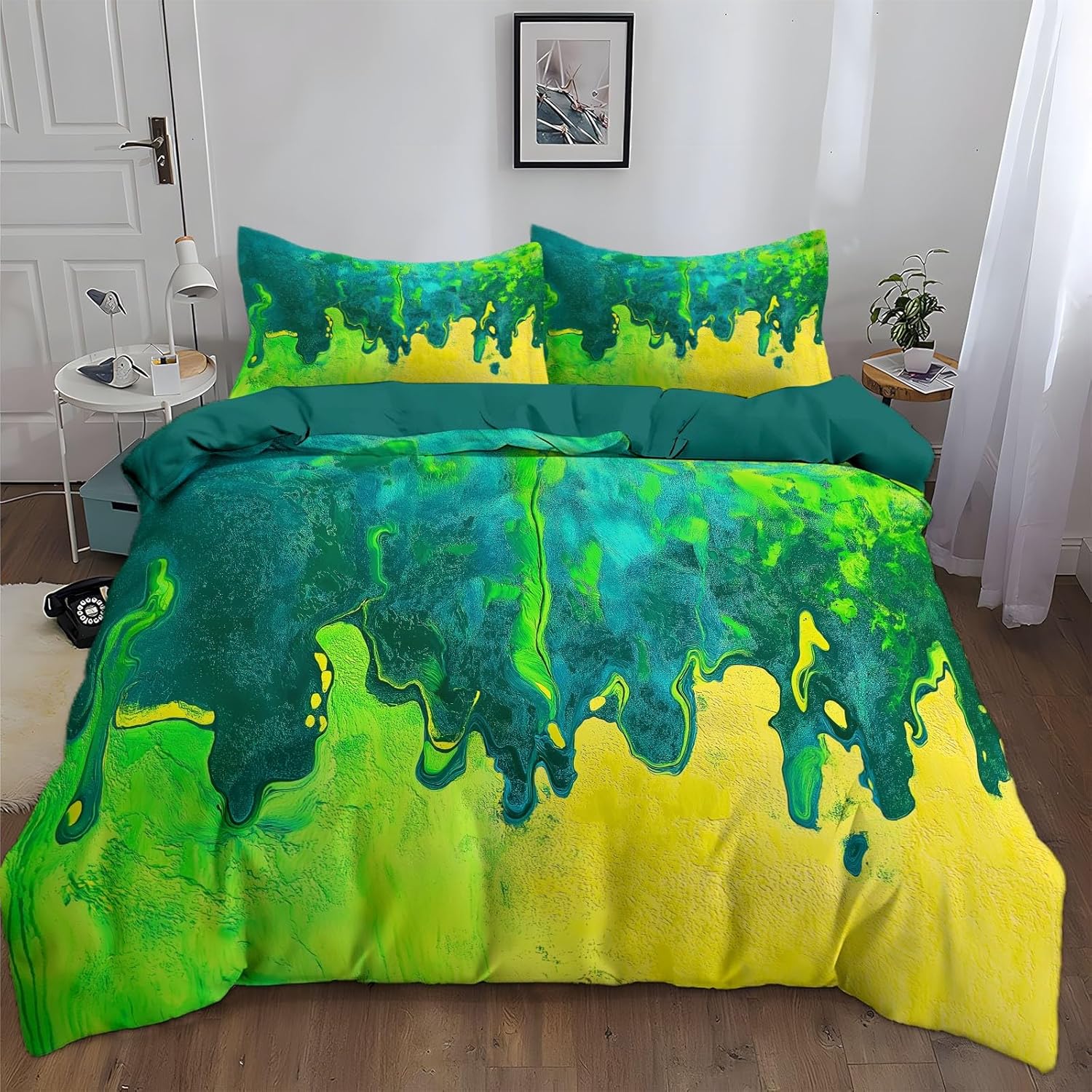 3Pcs Doodle Street Art Duvet Cover King Bedding Sets, Dark Green Soft Microfiber Quilt Cover, 2 Pillow Cases for Boys Girls Toddler Kids Bedding