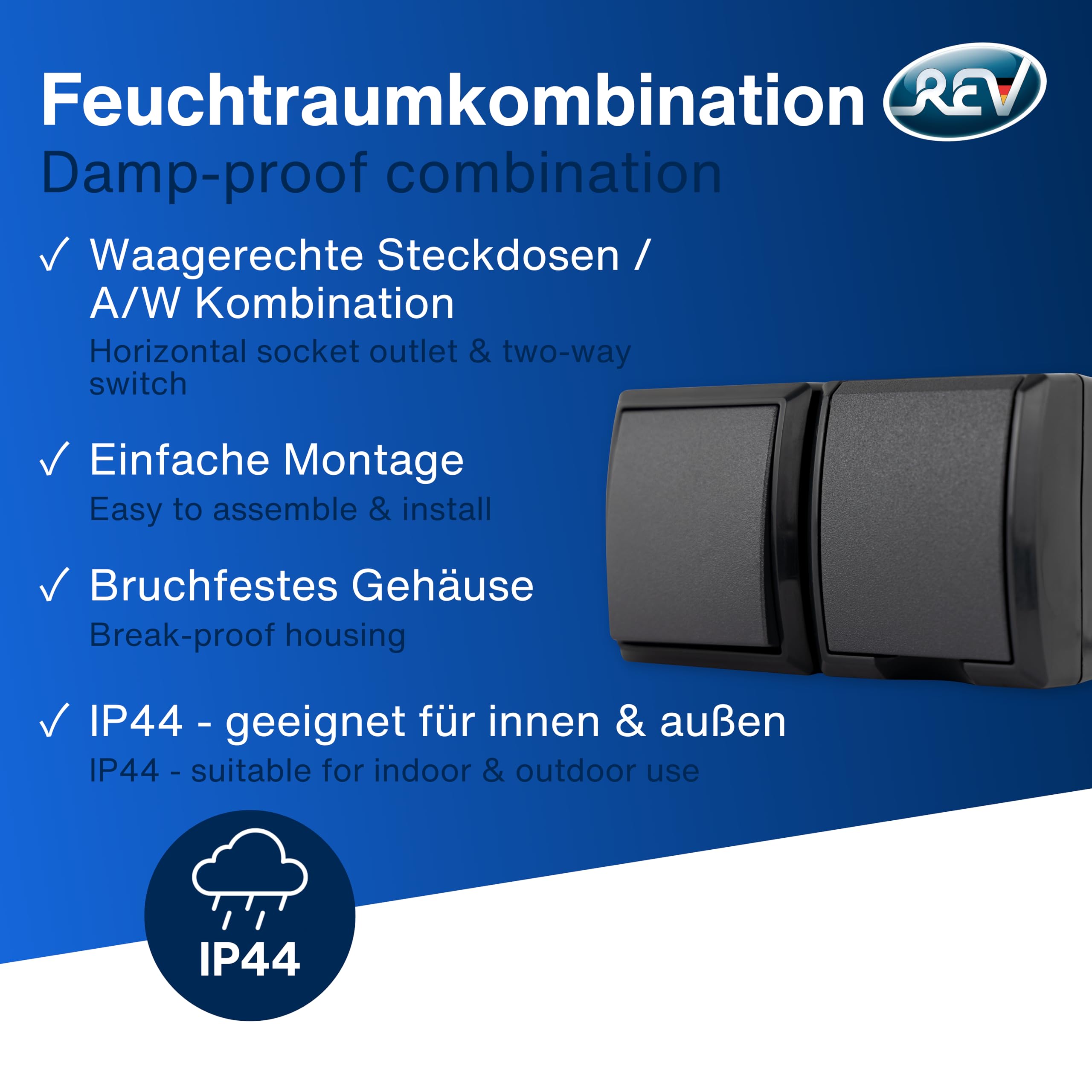 REV AquaForm - Lot de 5 prises - Combinaison d'interrupteurs A/W - IP44 - Bipolaire - Montage en saillie - Anthracite