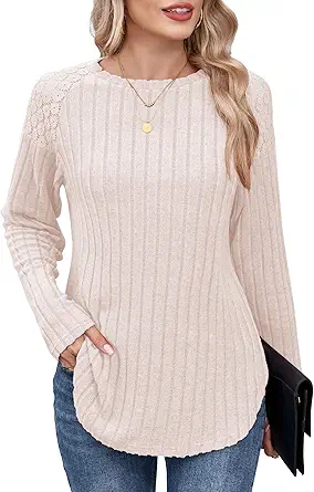 ZAFUL Long Sleeve Shirts for Women Lace Lightweight Top Sweaters Business Dressy Casual Tunic Blouse Side Split