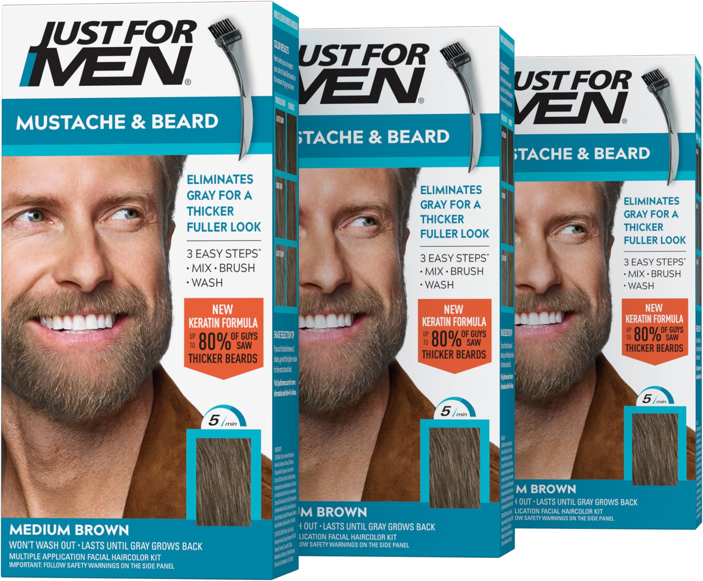 Just For Men Mustache & Beard, Beard Coloring for Gray Hair with Brush, with Keratin Biotin Aloe and Coconut Oil for Healthy Facial Hair - Medium Brown, M-35, Pack of 3 (Packaging May Vary)