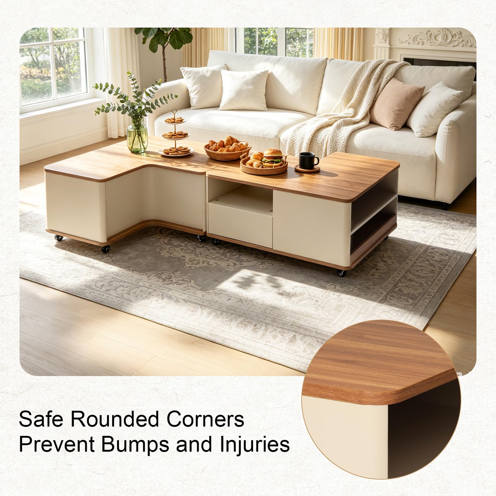 Couchtisch Quadratischer mit Stauraum, Wohnzimmertisch Holz mit Rollen, Coffee Table Modulares Design für Wohnzimmer Büro Schlafzimmer