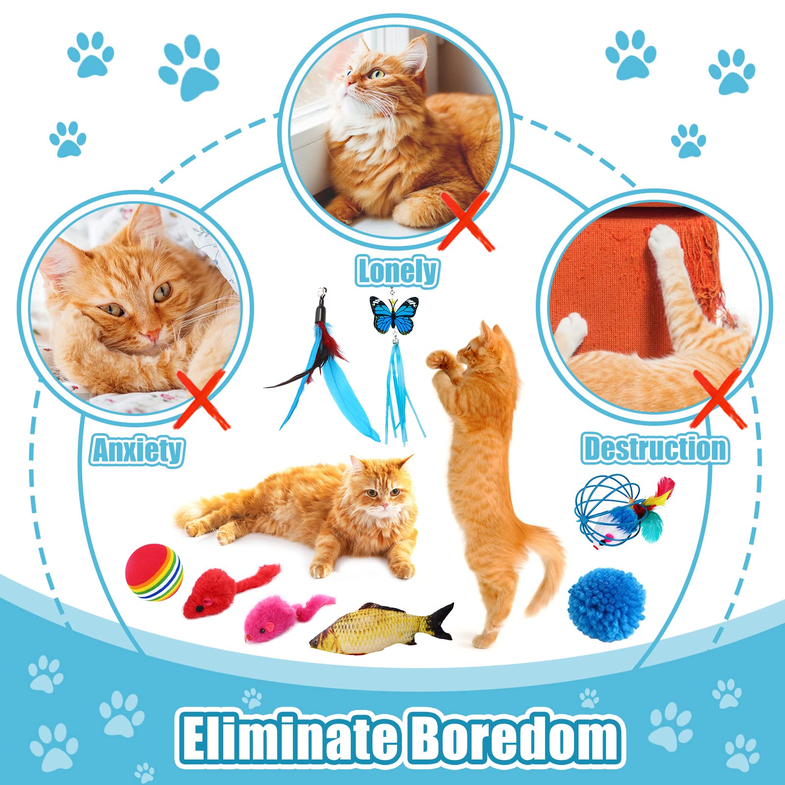 Juguetes Interactivos para Gatos - Set de 39 Piezas Con Túnel, Ratones, Varita de Plumas, Peces, Bolas y Campanas - Tubo de 3 Vías