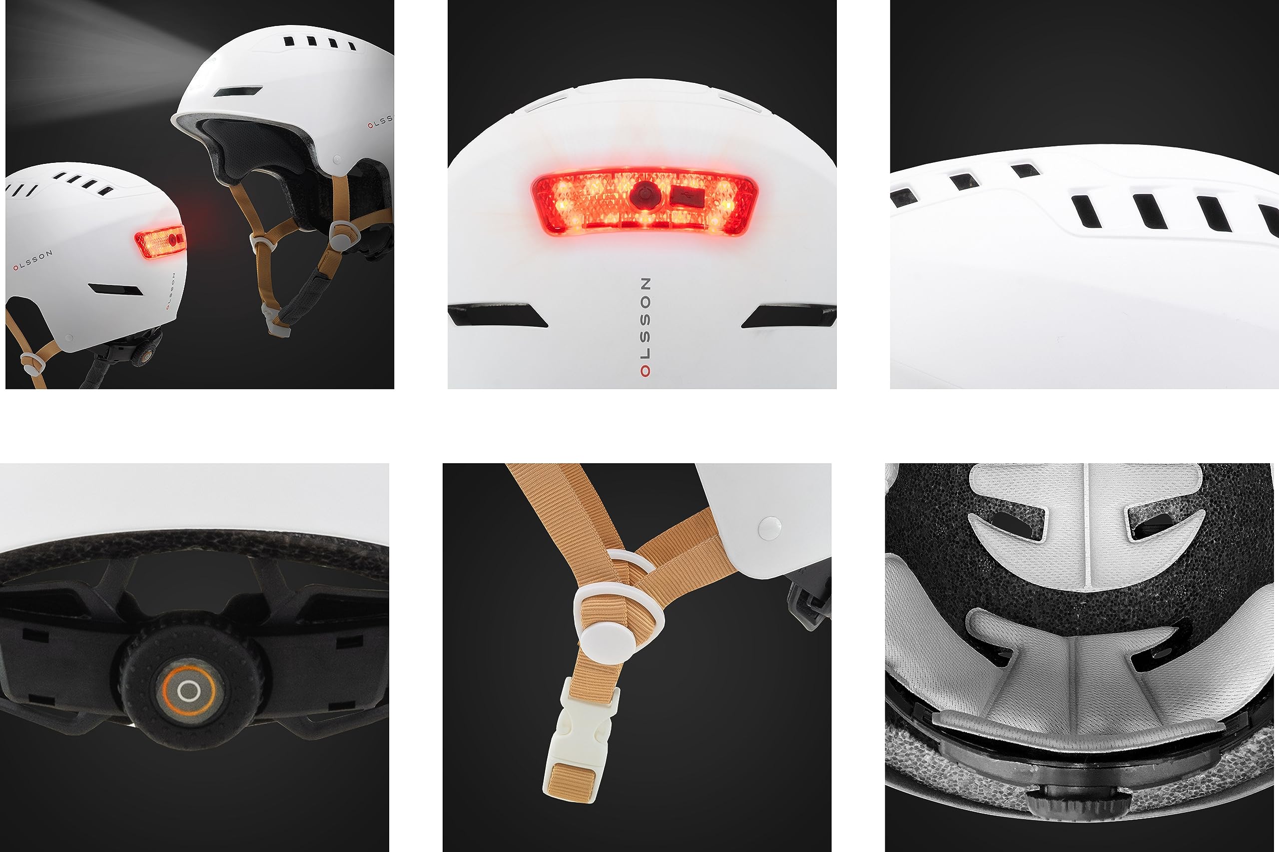 OLSSON Urban Light Casque avec lumière réglable, homologué, résistant aux chocs 360°, LED Avant+Arrière, Doublure Amovible, Ventilation