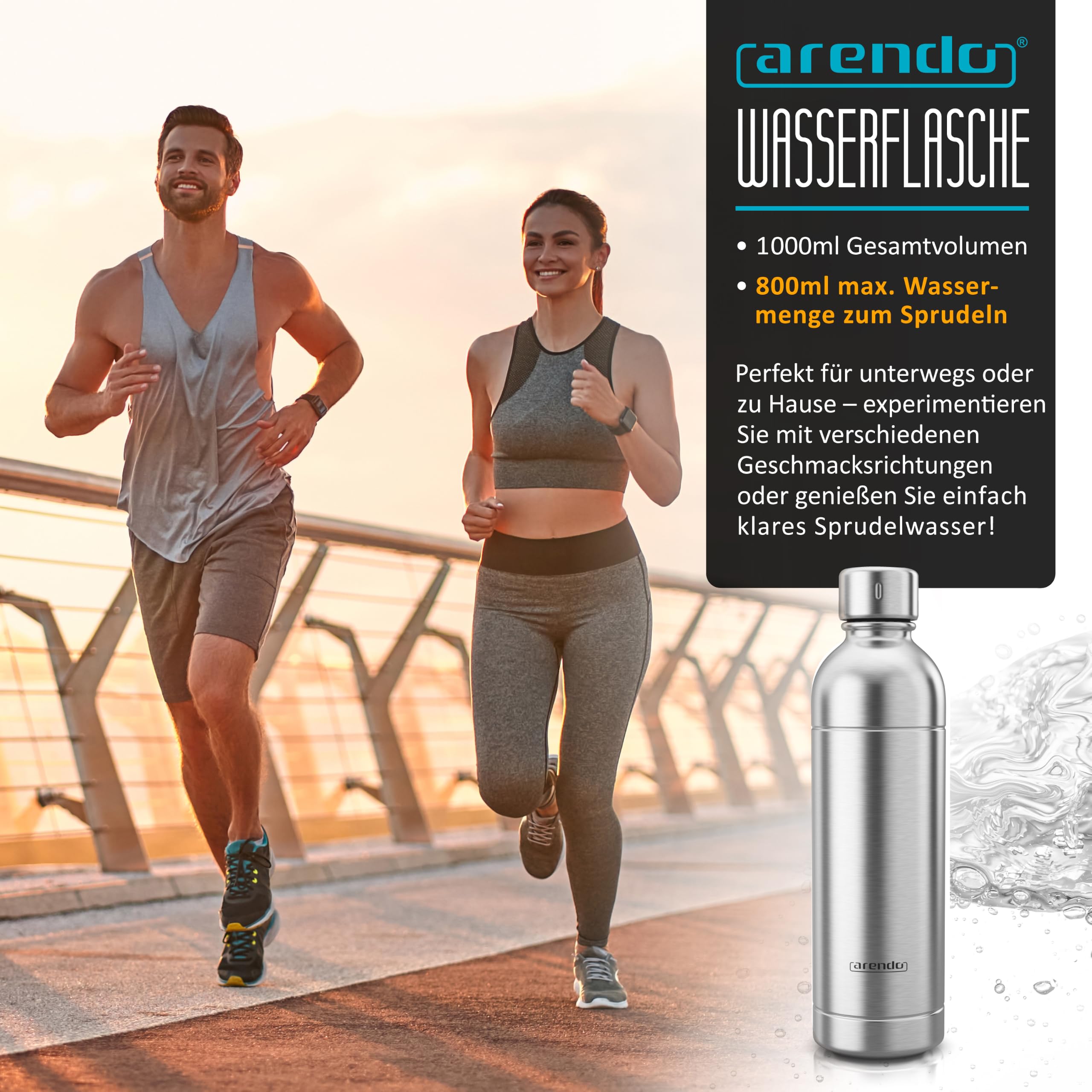 Arendo - Soda Maker Wassersprudler – inkl. 1000 ml Wasserflasche BPA frei + 1000ml WAsserflasche Edelstahl – fein dosierbar – Soda Streamer kompatibel mit 60 l CO2 Zylindern
