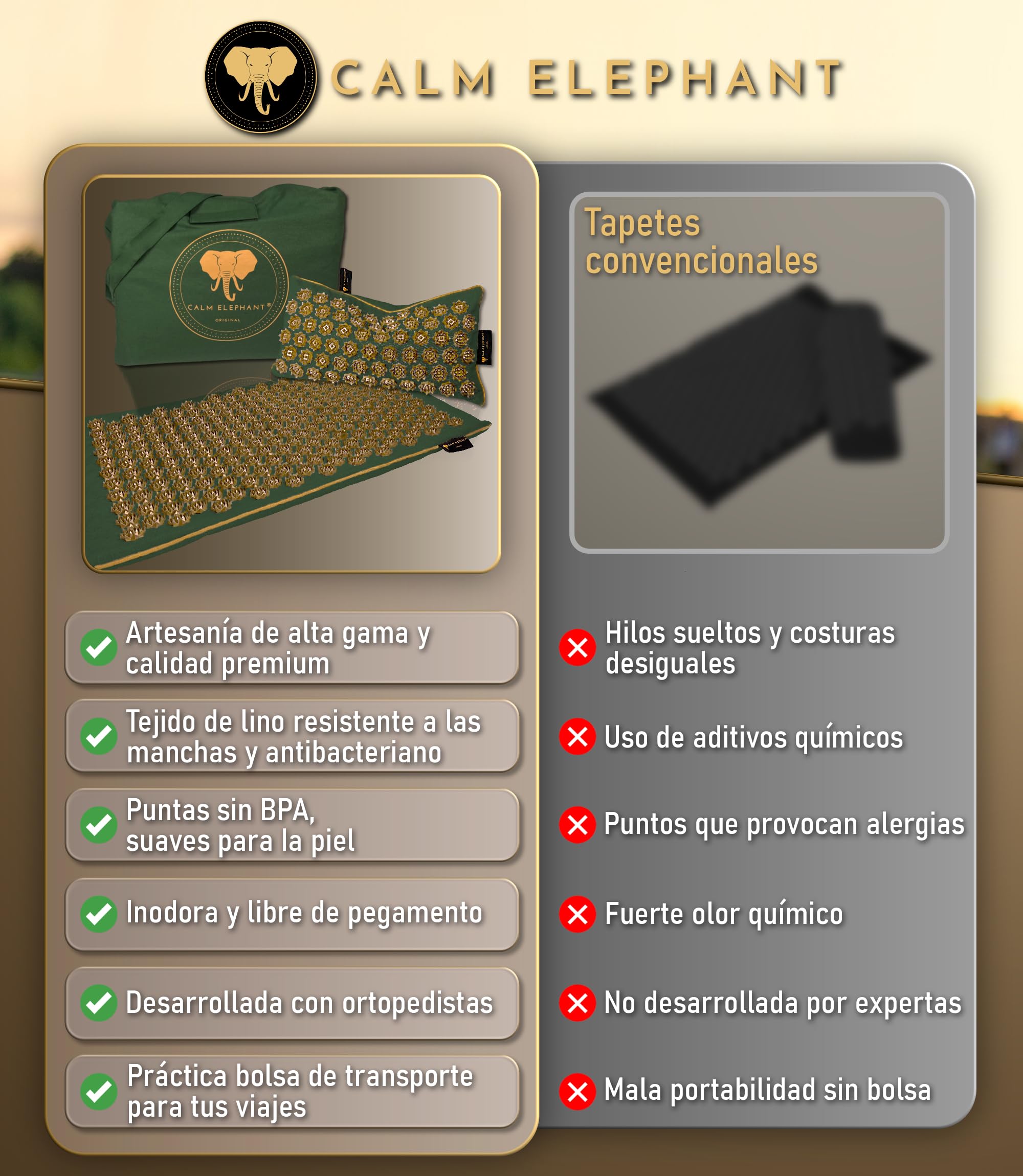 CALM ELEPHANT ORIGINAL® Esterilla de Acupresión de Lujo con Cojín XL Set PURE ECO, Esterilla de Pinchos Espalda, Libera Tensiones, Cojín con Calor y Bolsa, Natural y Sostenible - Verde