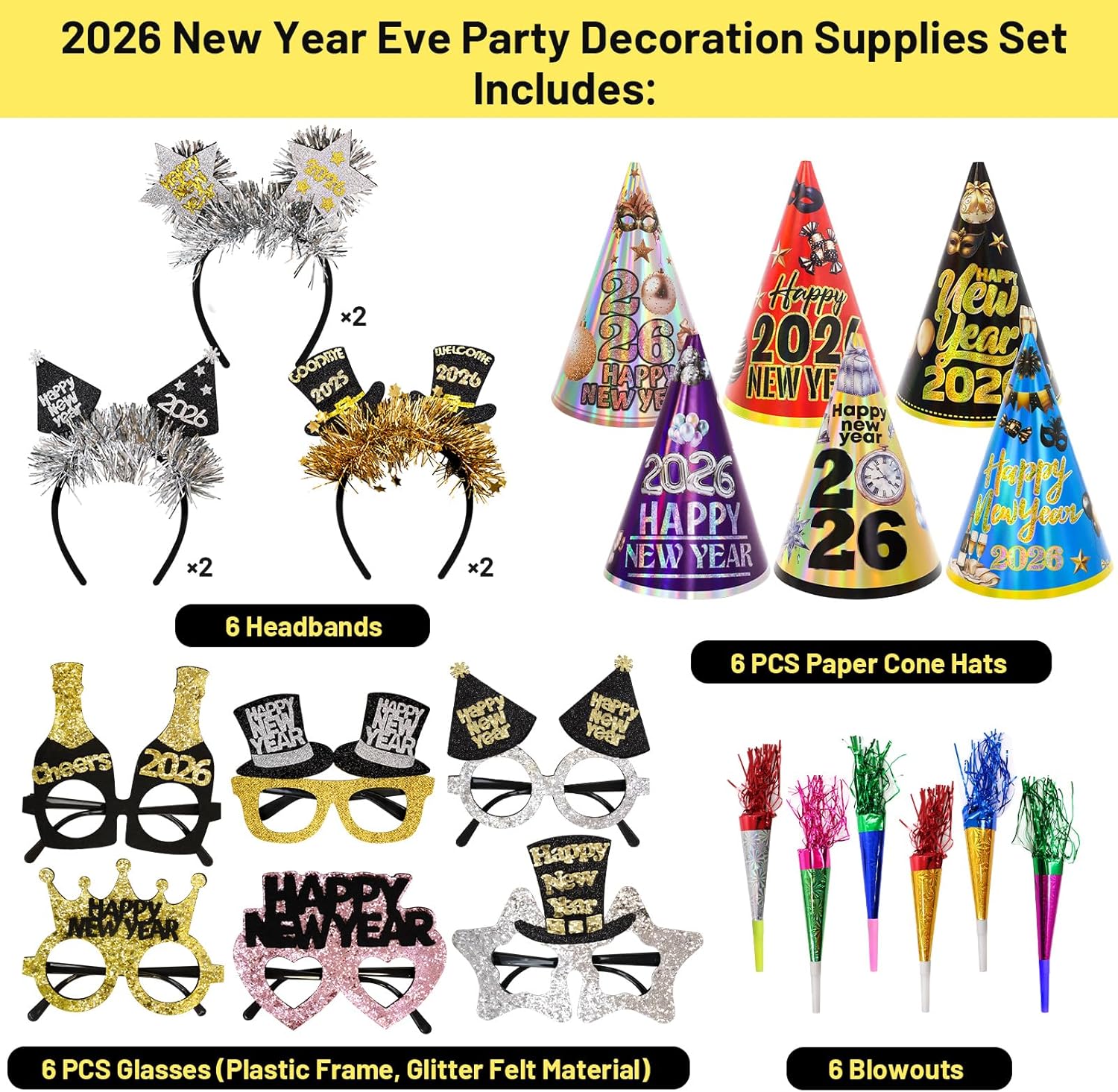 ceiba tree Happy New Years Eve Party Favors Accessories NYE Supplies 2026 New Year Party 6 Paper Hats 6 Felt Headbands 6 Felt Plastic Frame Glasses 6 Noisemakers - Image 3