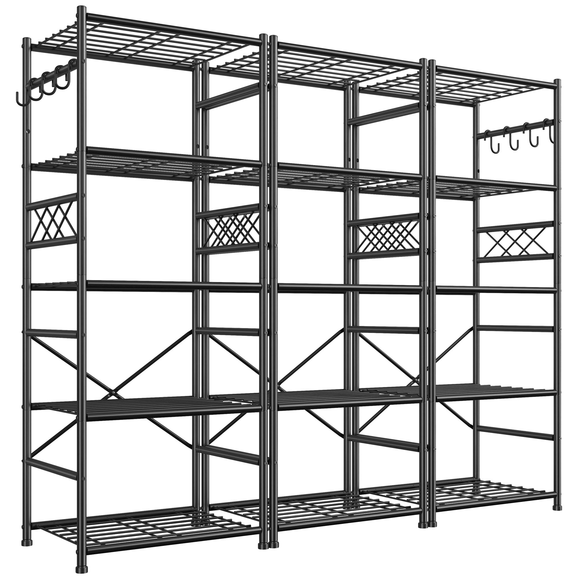 DurayLoly 5-Tier Storage Shelves,Sturdy Metal Shelving Unit with Hooks,Wobble-Free Storage Rack with Leveling Feet,Slim Standing Shelf Organizer for Garage Kitchen Pantry,17.7”W×11.8”D ×58.3”H,Black