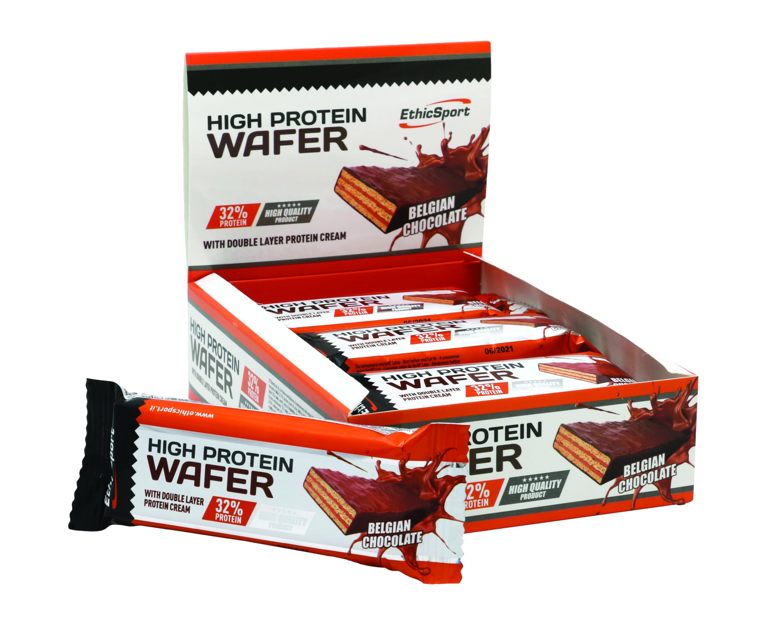 EthicSport - High Protein Wafer - Confezione da 12 x 35 g - Gusto: Belgian Chocolat - Wafer ad alto contenuto proteico