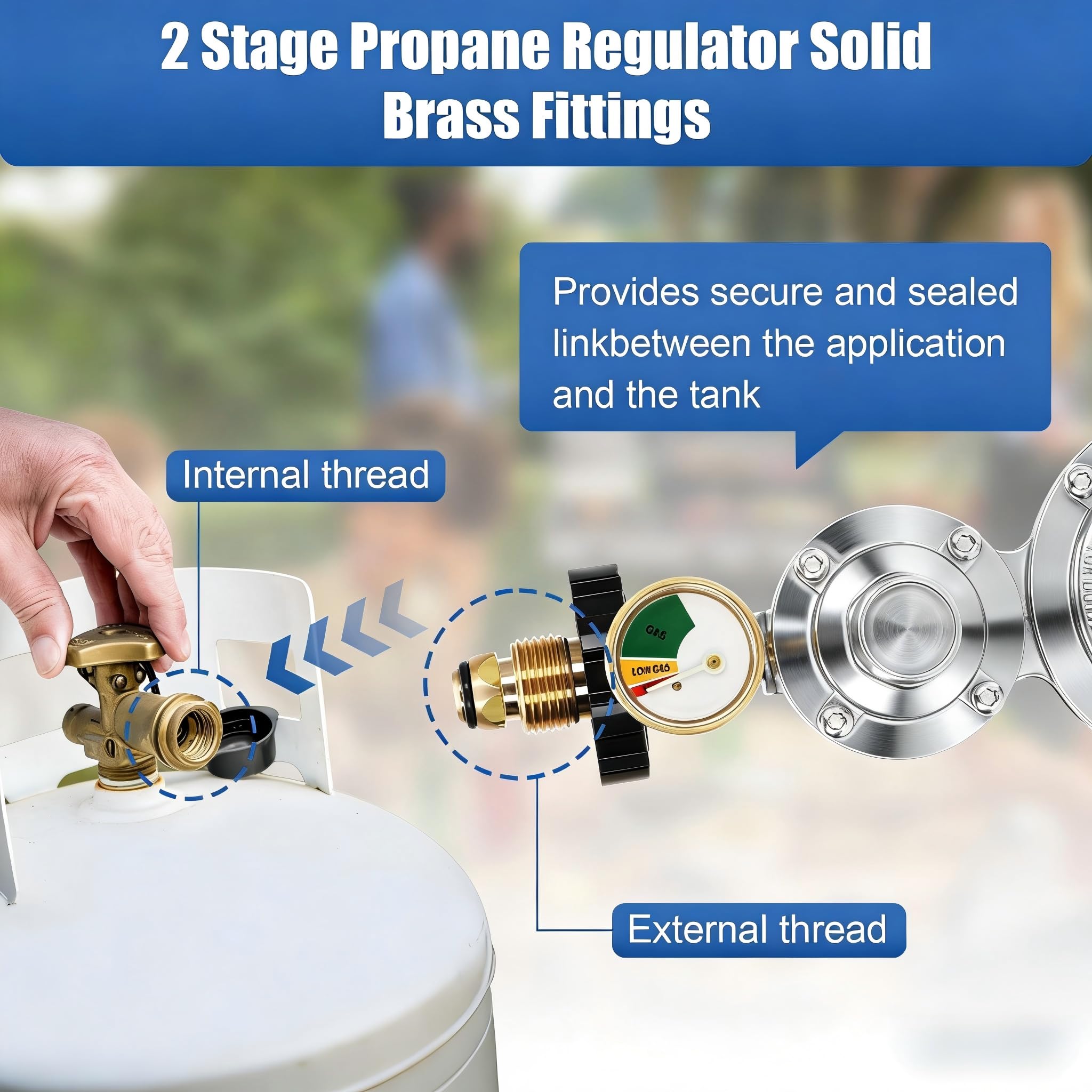 Feikeer Pionowy 2-stopniowy regulator propanu z POL i miernikiem, dwustopniowy regulator propanu, standardowe złącze NPT, dwustopniowy regulator do zbiornika 9-45 kg, grill gazowy, kampera, grzejnik
