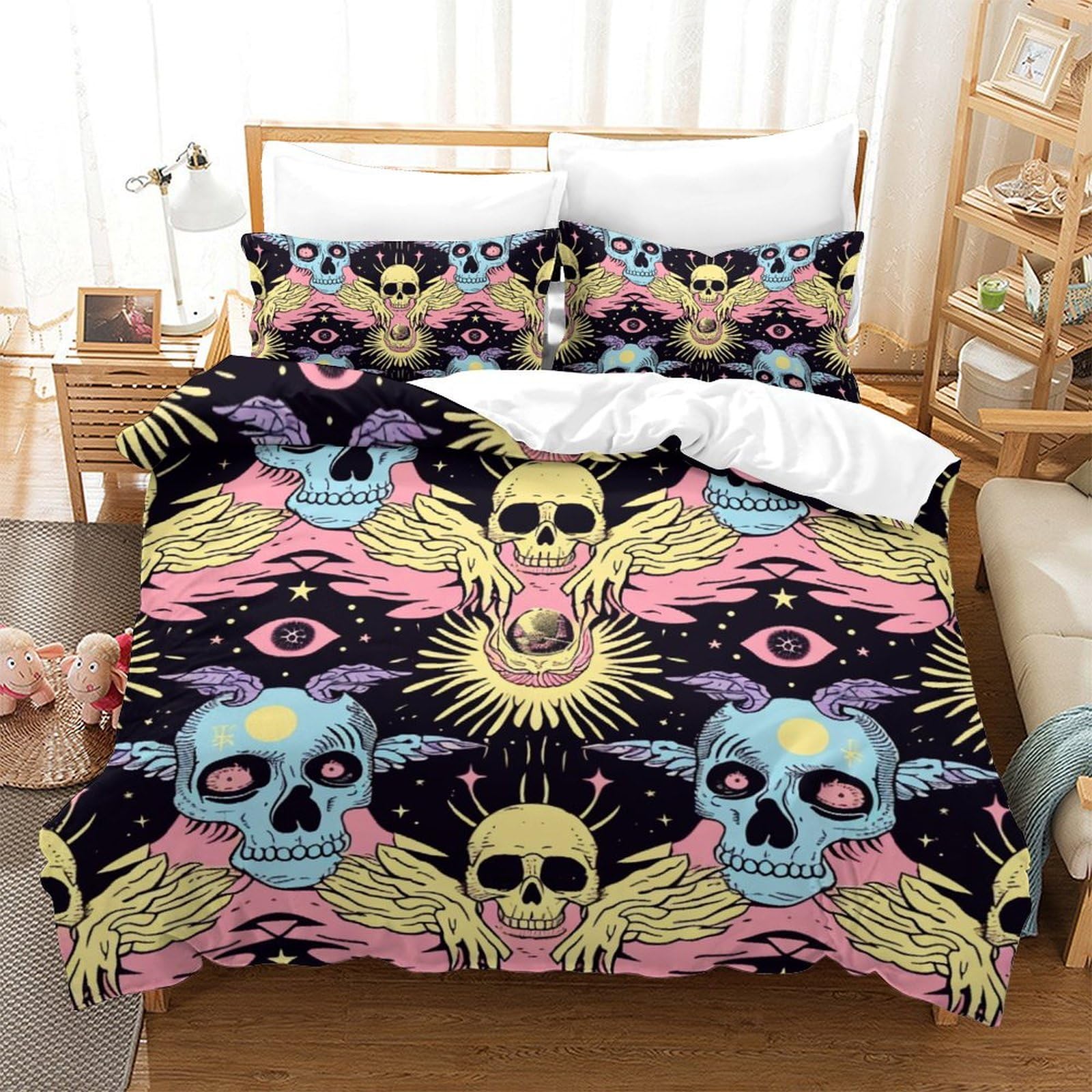 Housse de couette double 200x200 cm avec zip pratique pour lit ado et adulte motif crâne