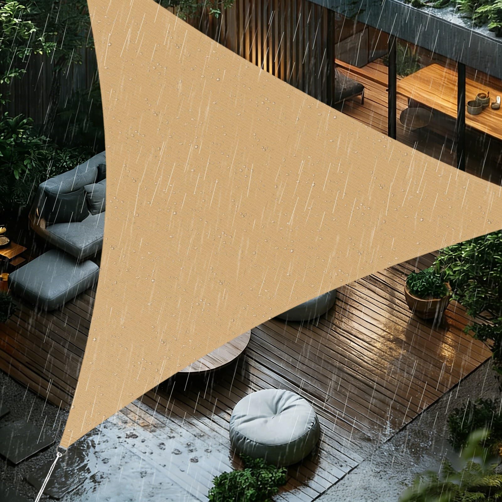 Sun Shade Sail 4x4x5.7m Triangle Waterproof PES Polyester 98% UV Block Sunscreen Awning Canopy for Outdoor Garden Patio Yard Lawn Party, Sand Yellow