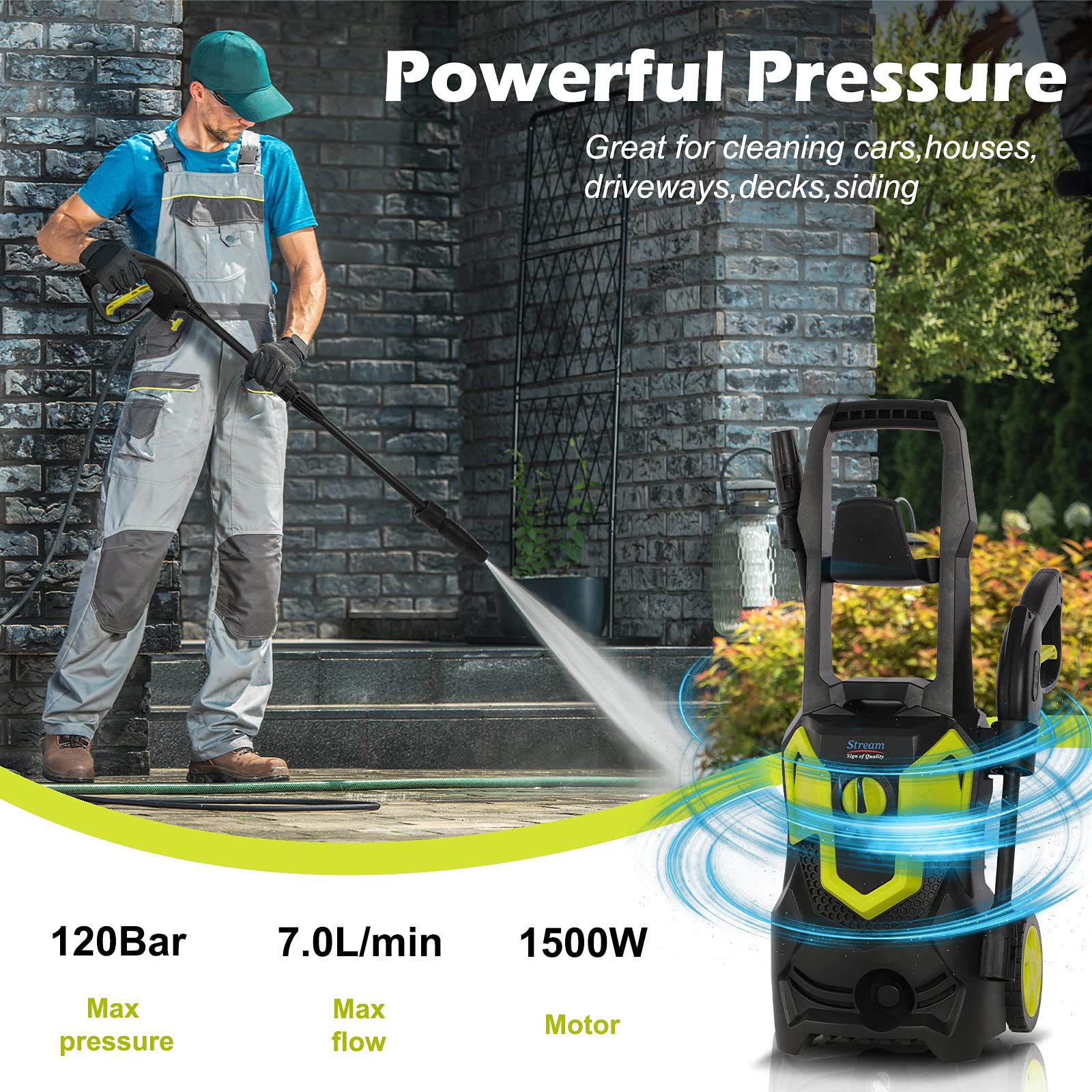 1500W Electric Pressure Washer, Max 120Bar 420L/H Powerful Jet Washer