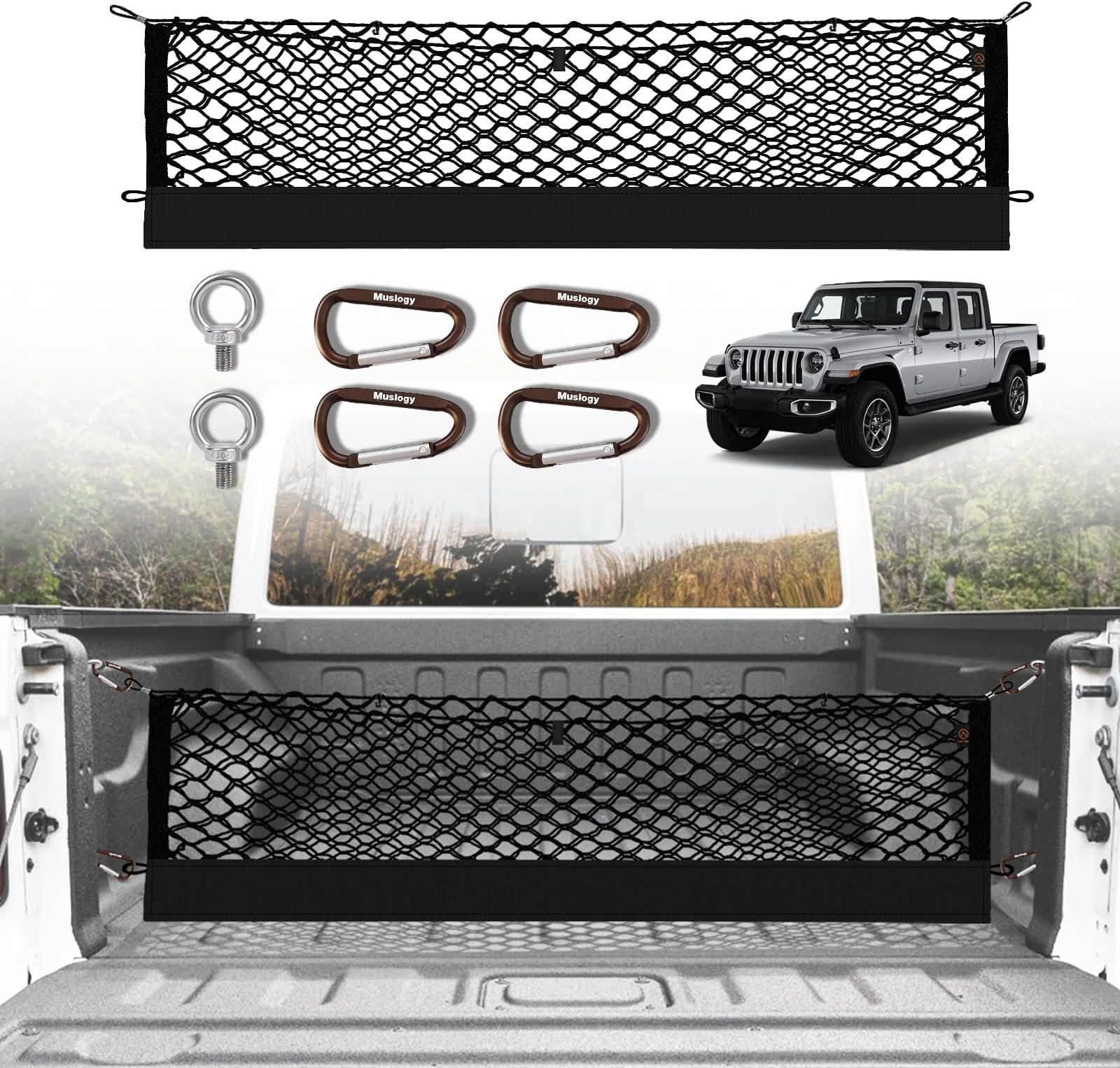 Muslogy Truck Bed Cargo Net Trunk Netting Compatible with Jeep Gladiator 2020-2025 2026 JT Accessories, Pickup Cargo Organizer SUV Sedan Storage Net w/Heavy Duty Carabiners