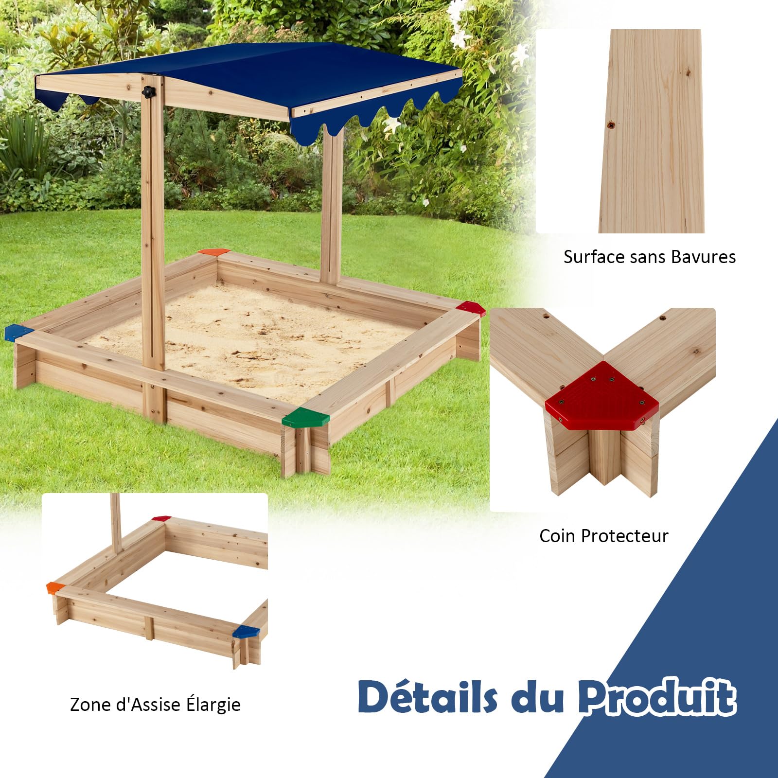 Bac à Sable en Bois de Sapin avec Toit Réglable & Inclinable Bac à Sable Extérieur avec Conception sans Fond Charge 90kg pour 3 Ans