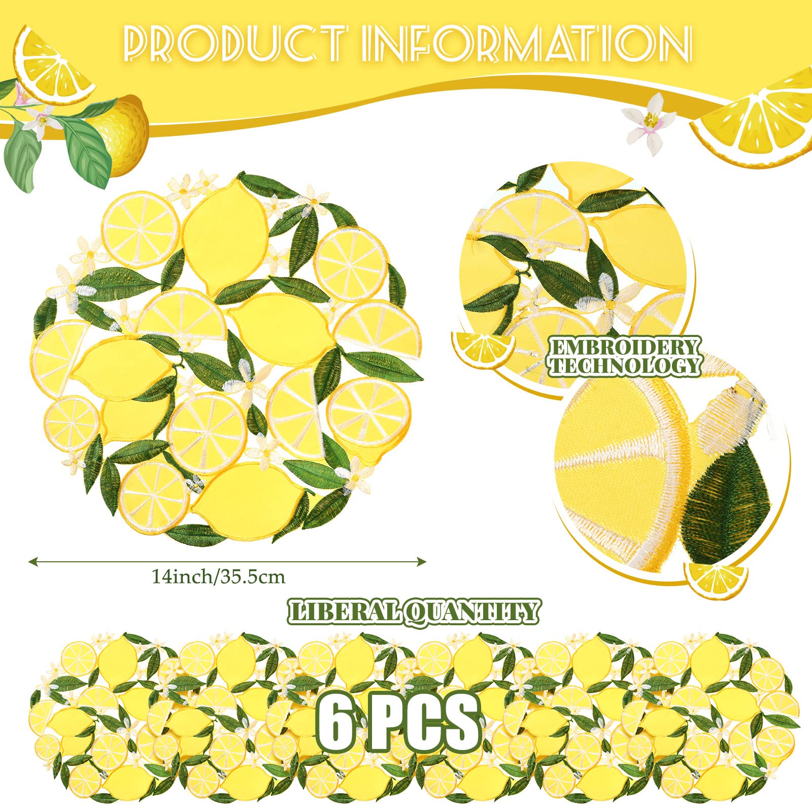 6 Pcs Spring Summer Embroidered Lemon Placemats 14'' Lemon Floral Cutwork Round Placemats Doilies Washable Placemats for Home Dinning Kitchen Wedding Restaurant Buffet Limoncello Party Decorations
