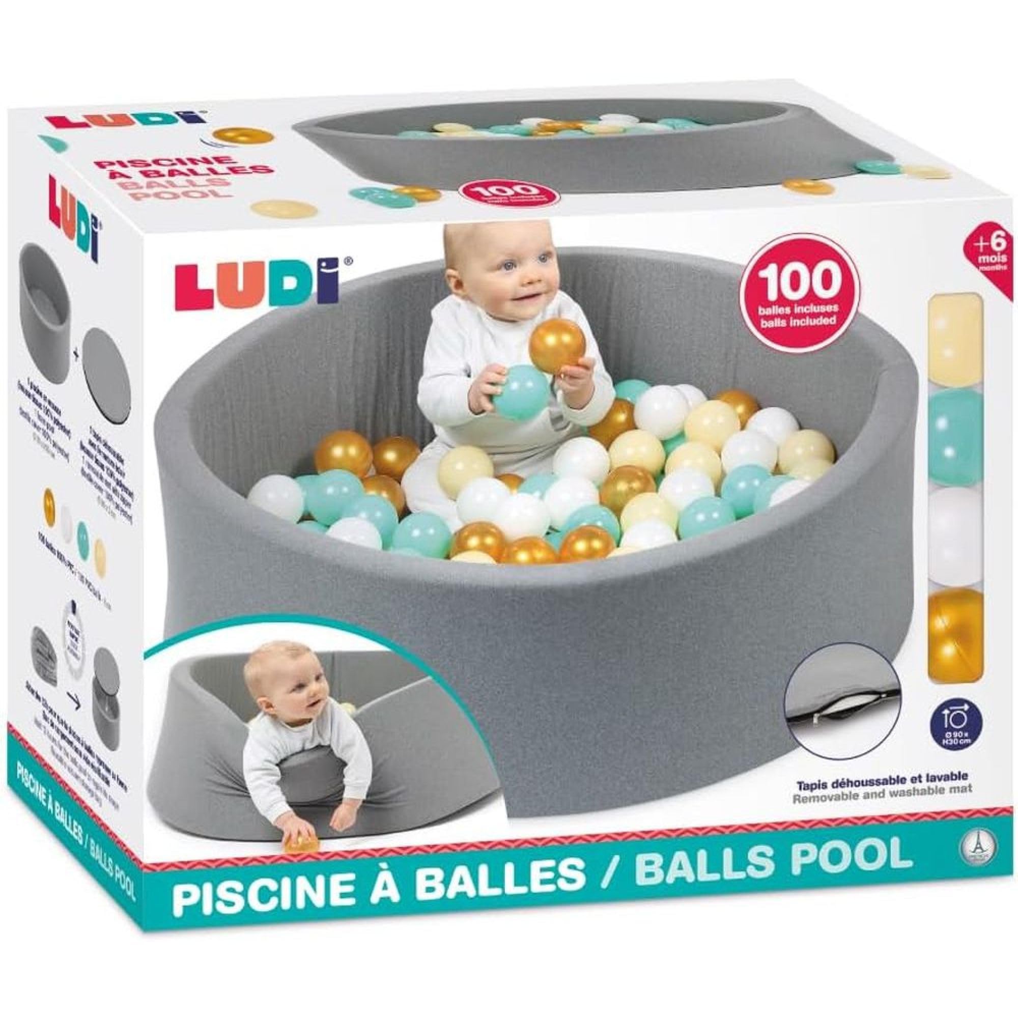 LUDI – Piscina Redonda de Espuma – Ø 90 cm x 30 cm – para bebé Desde 6 Meses – 100 Bolas Incluidas – Tejido Suave y Lavable – Color Gris – Promueve la Movilidad y la coordinación – Fácil de Montar