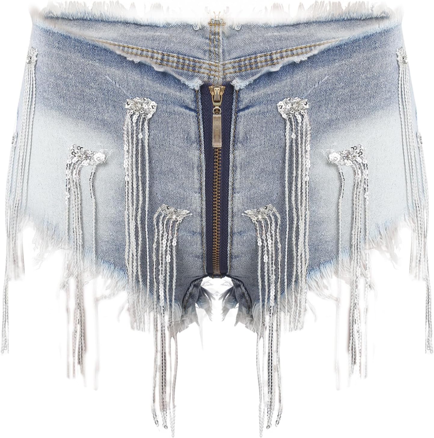 Hularka Womens Sequined Tassel Denim Shorts Low Waist Zipper Crotch Hot Pants Rave Dance Bottoms