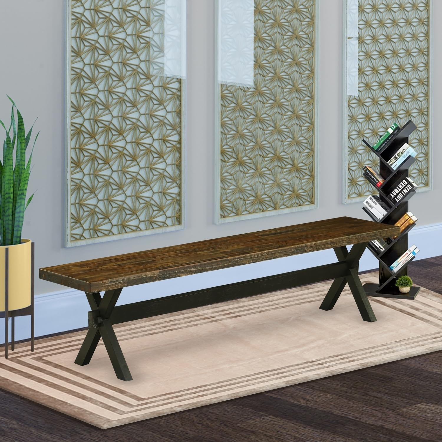 HomeStock Wood Dining Bench - Modern Style Indoor Bench for Kitchens & Living Rooms 72 inch/Distressed Jacobean and Wirebrushed Black