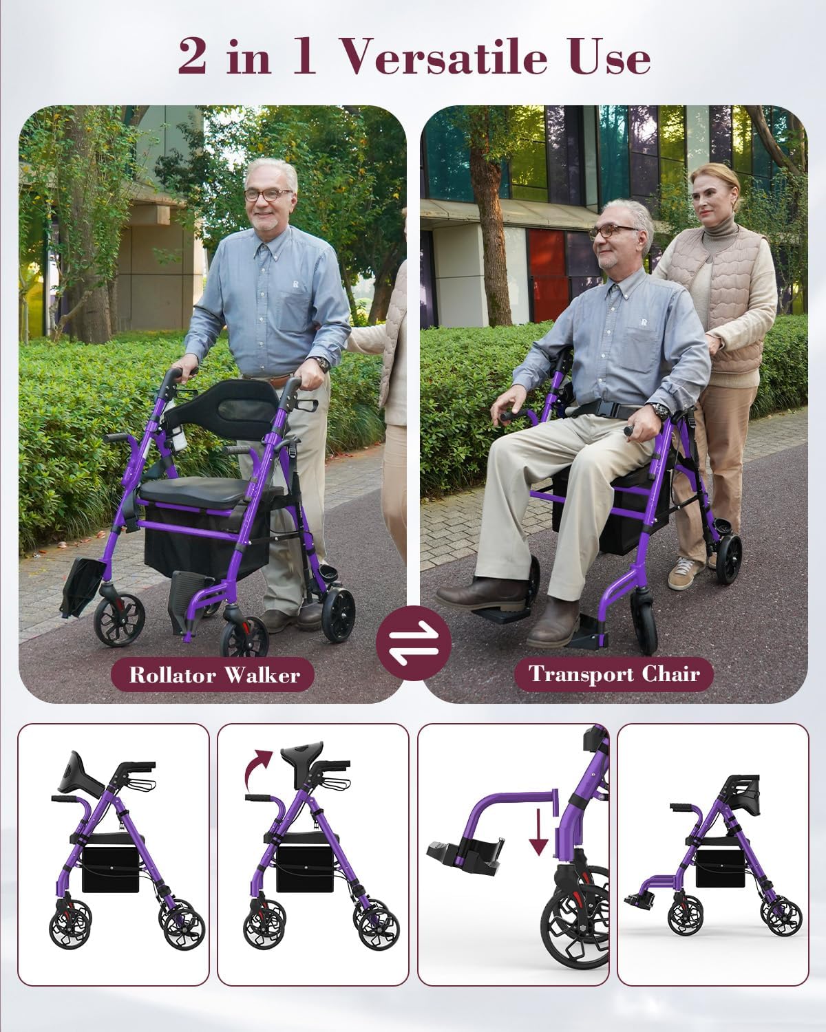 walkers for seniors with seat, extra wide 2 in 1 rollator walker & transport chair with reversible backrest & detachable footrests, foldable wheelchair combo with 8" anti-slip pu wheels, purple