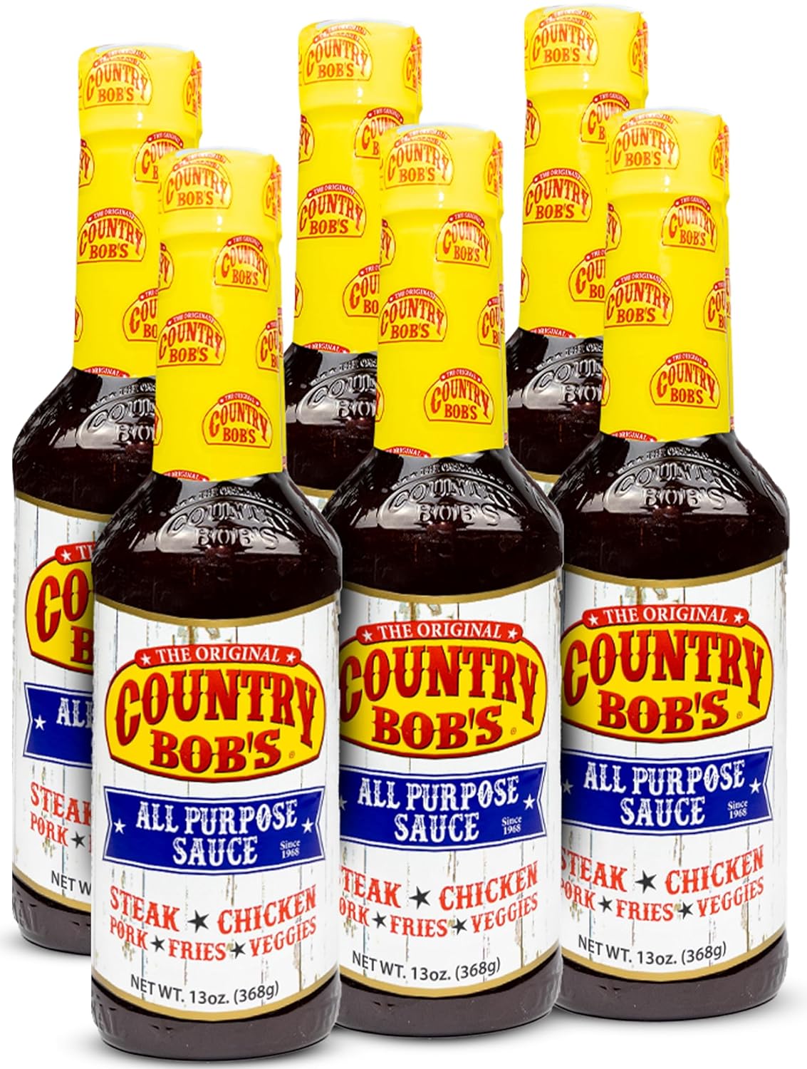 Country Bob's All Purpose Sauce - Tangy Sweet Savory, Grilling, Dipping, Marinating, Enhances Meat, Veggies, Fish, 1968 Recipe, 13oz (Pack of 6)