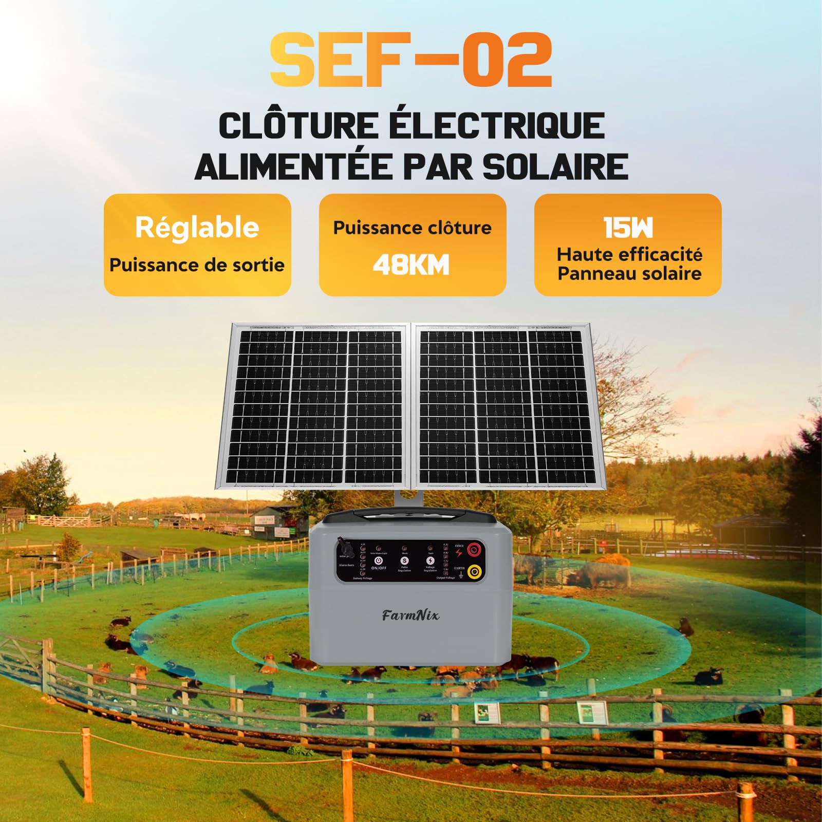 48KM Valla Eléctrica Solar, 0,3 J–1,5 J, 6 KV–12 KV Ajustable Electrificador Cerca Eléctrica Solar